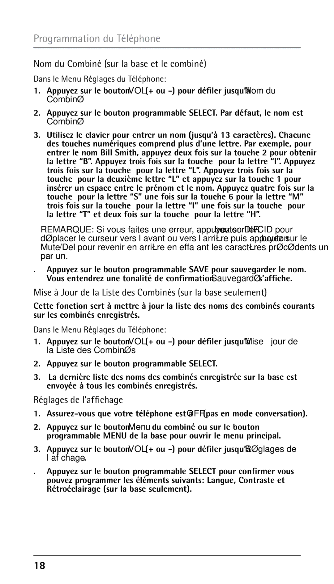 RCA 25210 manual Nom du Combiné sur la base et le combiné, Mise à Jour de la Liste des Combinés sur la base seulement 