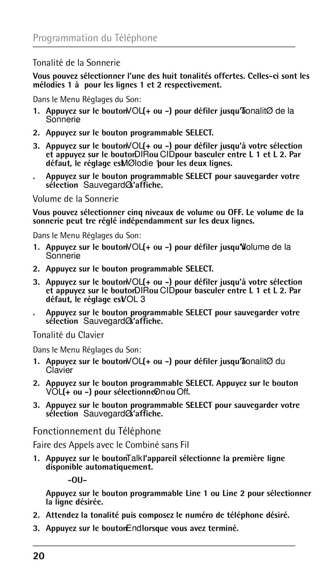 RCA 25210 manual Fonctionnement du Téléphone, Tonalité de la Sonnerie, Volume de la Sonnerie, Tonalité du Clavier 