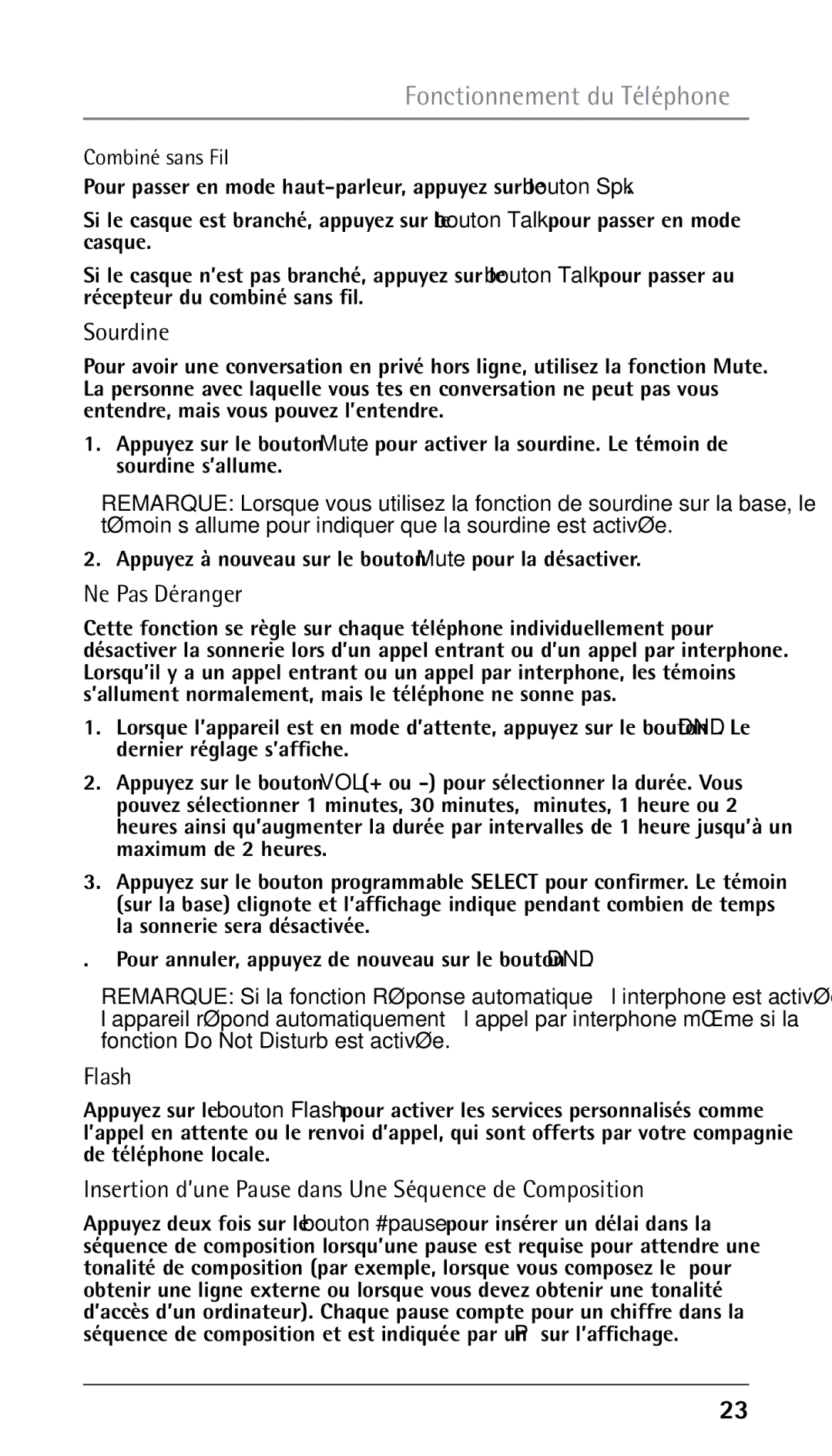 RCA 25210 manual Sourdine, Ne Pas Déranger, Insertion d’une Pause dans Une Séquence de Composition, Combiné sans Fil 