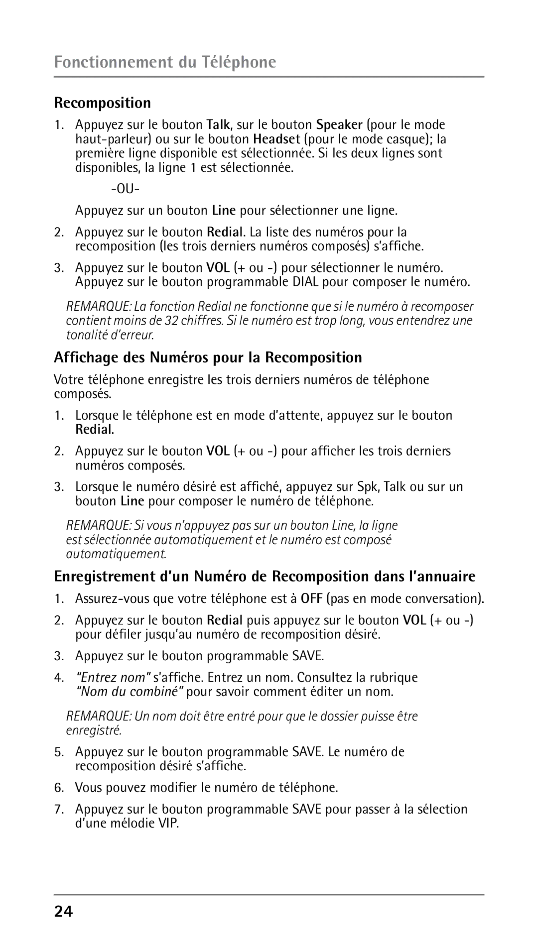 RCA 25210 manual Affichage des Numéros pour la Recomposition, Enregistrement d’un Numéro de Recomposition dans l’annuaire 