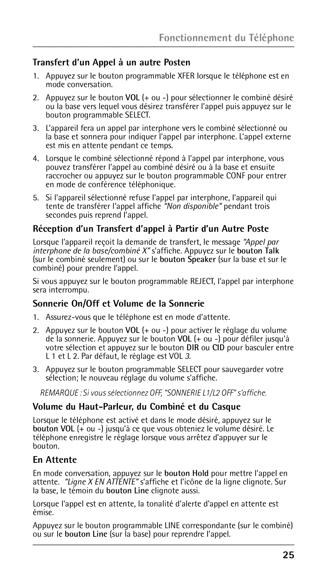 RCA 25210 manual Transfert d’un Appel à un autre Posten, Réception d’un Transfert d’appel à Partir d’un Autre Poste 