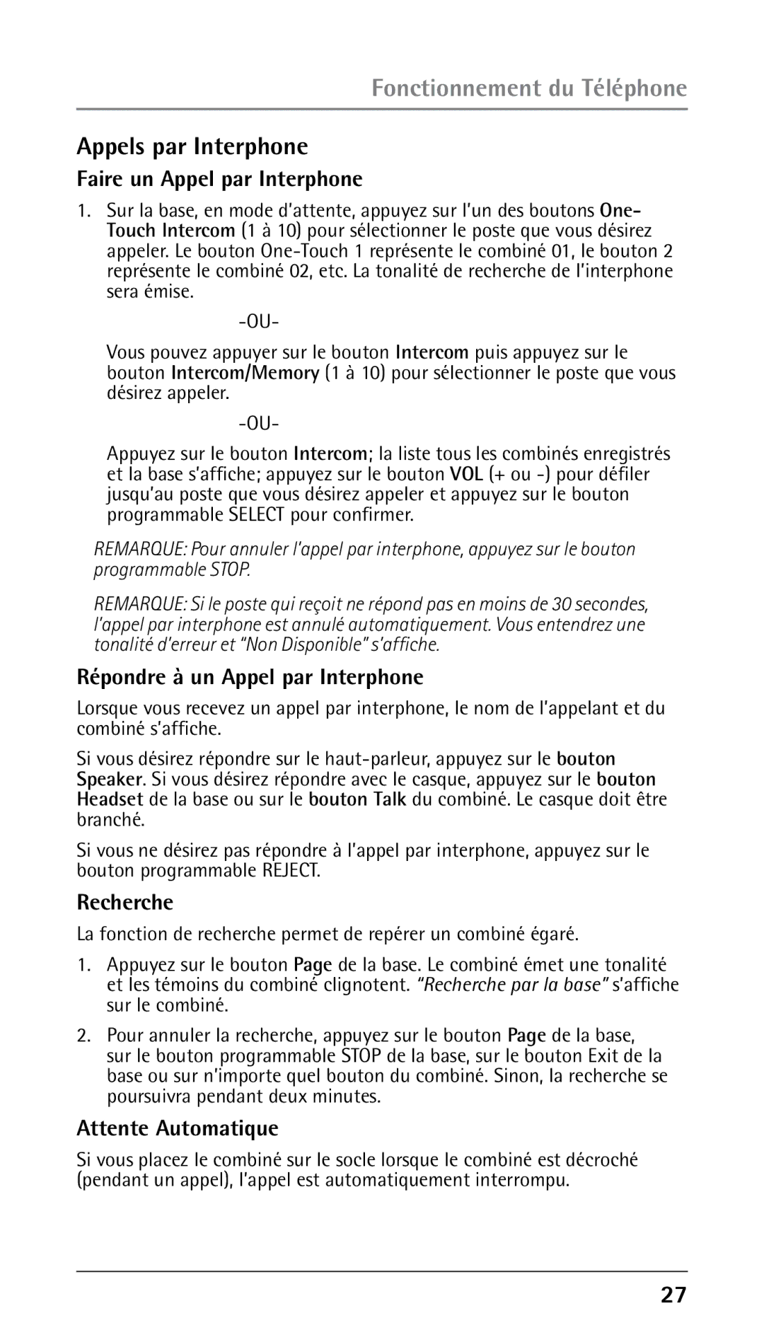 RCA 25210 manual Appels par Interphone, Faire un Appel par Interphone, Répondre à un Appel par Interphone, Recherche 