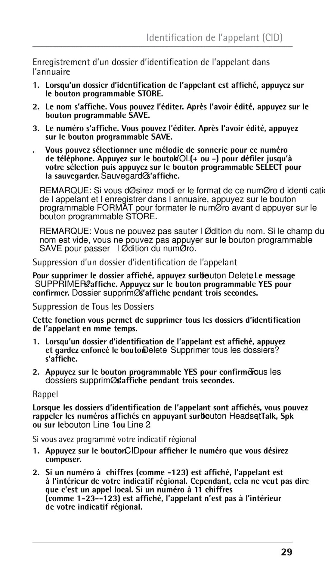 RCA 25210 manual Suppression d’un dossier d’identification de l’appelant, Suppression de Tous les Dossiers, Rappel 