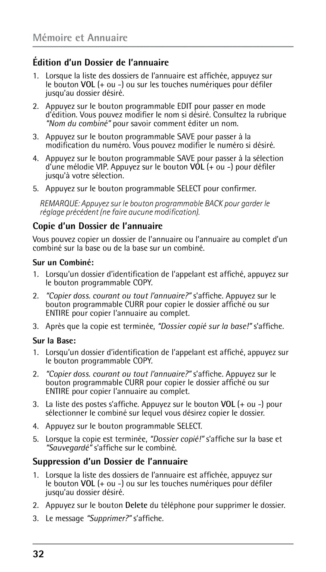 RCA 25210 Édition d’un Dossier de l’annuaire, Copie d’un Dossier de l’annuaire, Suppression d’un Dossier de l’annuaire 