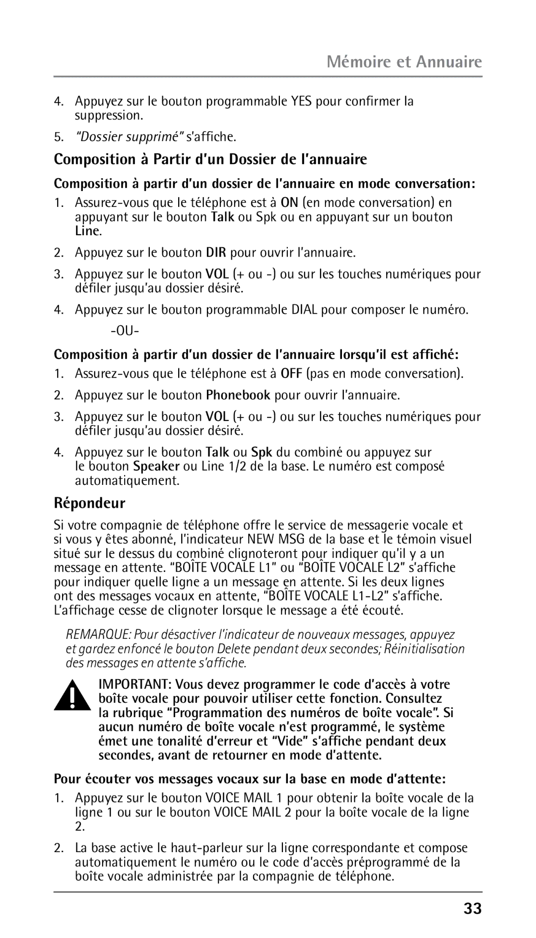 RCA 25210 manual Composition à Partir d’un Dossier de l’annuaire, Répondeur 