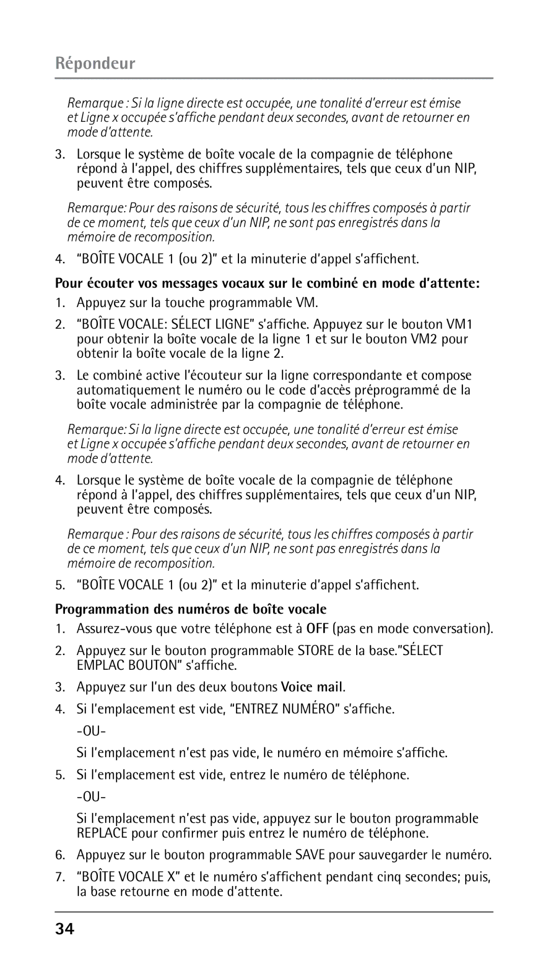 RCA 25210 Répondeur, Boîte Vocale 1 ou 2 et la minuterie d’appel s’affichent, Programmation des numéros de boîte vocale 