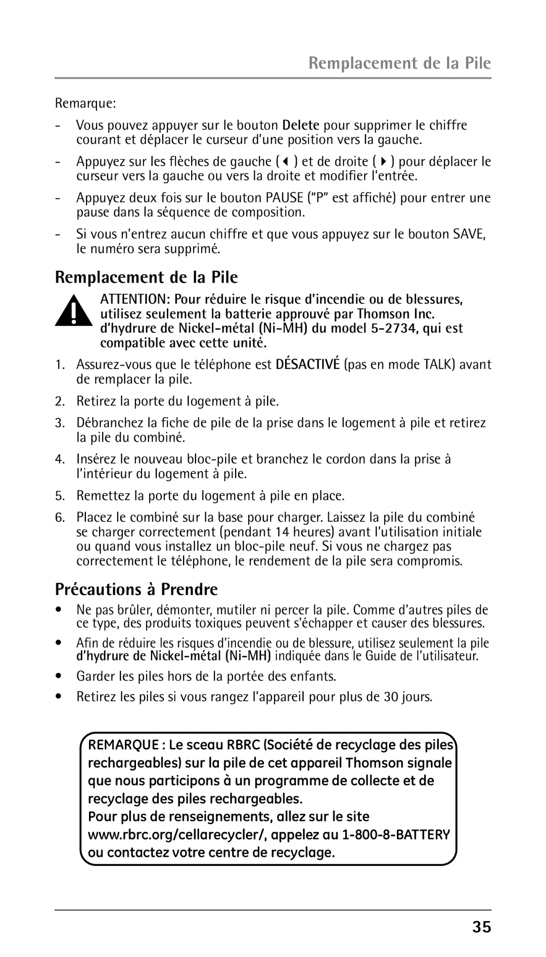 RCA 25210 manual Remplacement de la Pile, Précautions à Prendre, Remarque 