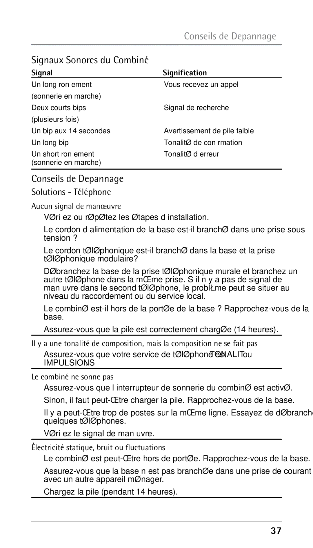 RCA 25210 manual Conseils de Depannage, Signaux Sonores du Combiné, Solutions Téléphone 