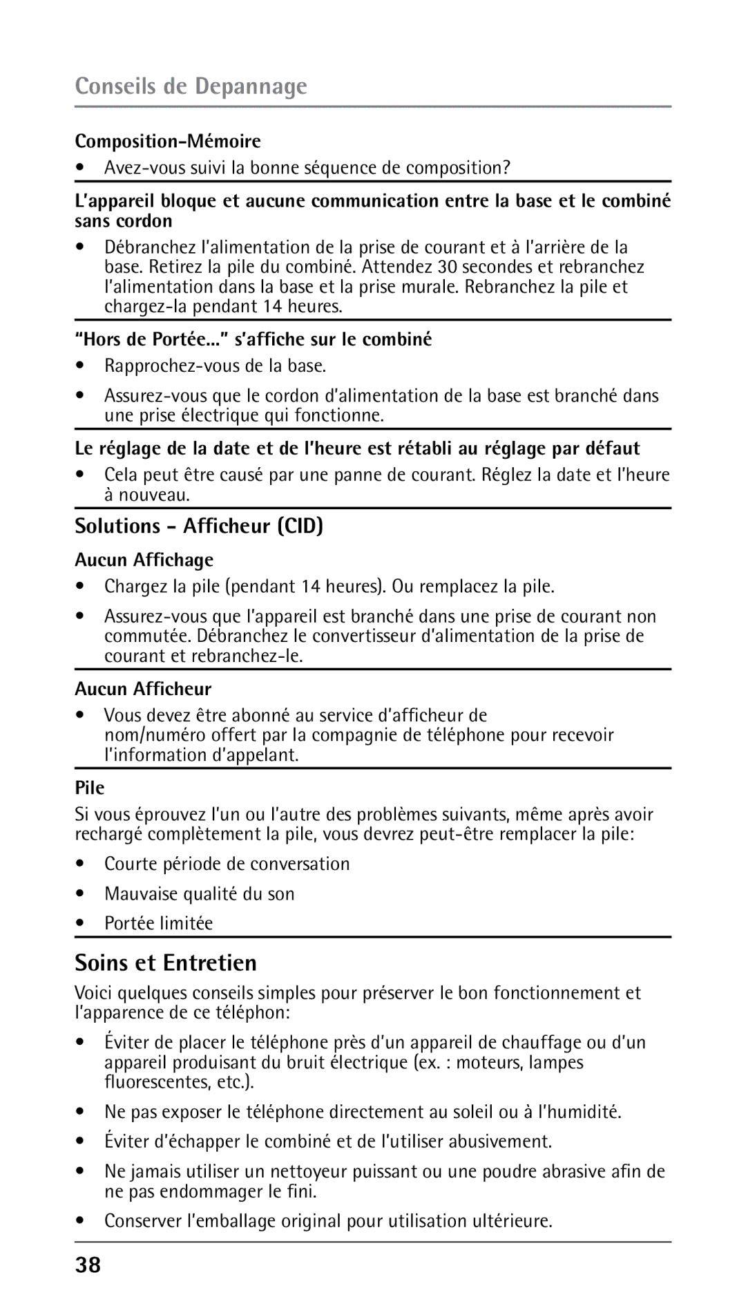 RCA 25210 manual Conseils de Depannage, Soins et Entretien, Solutions Afficheur CID 