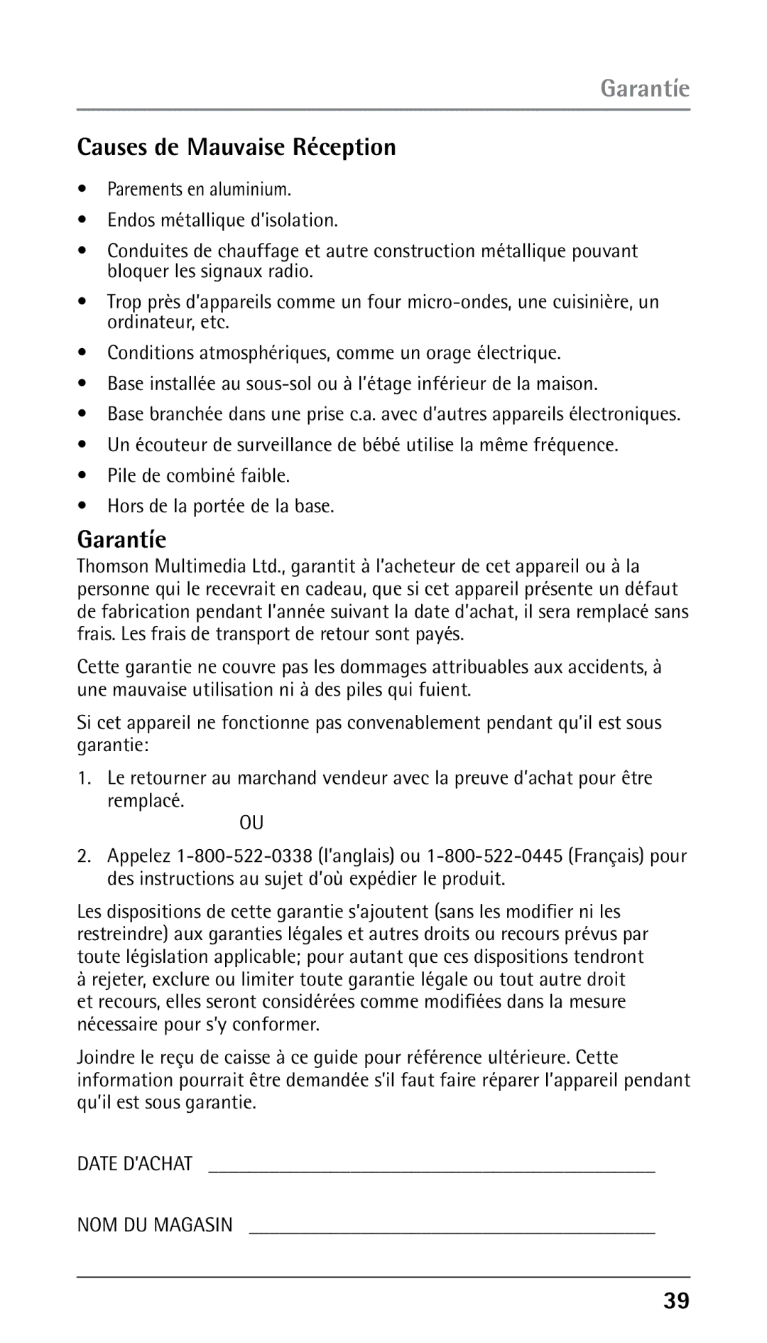 RCA 25210 manual Garantíe, Causes de Mauvaise Réception 