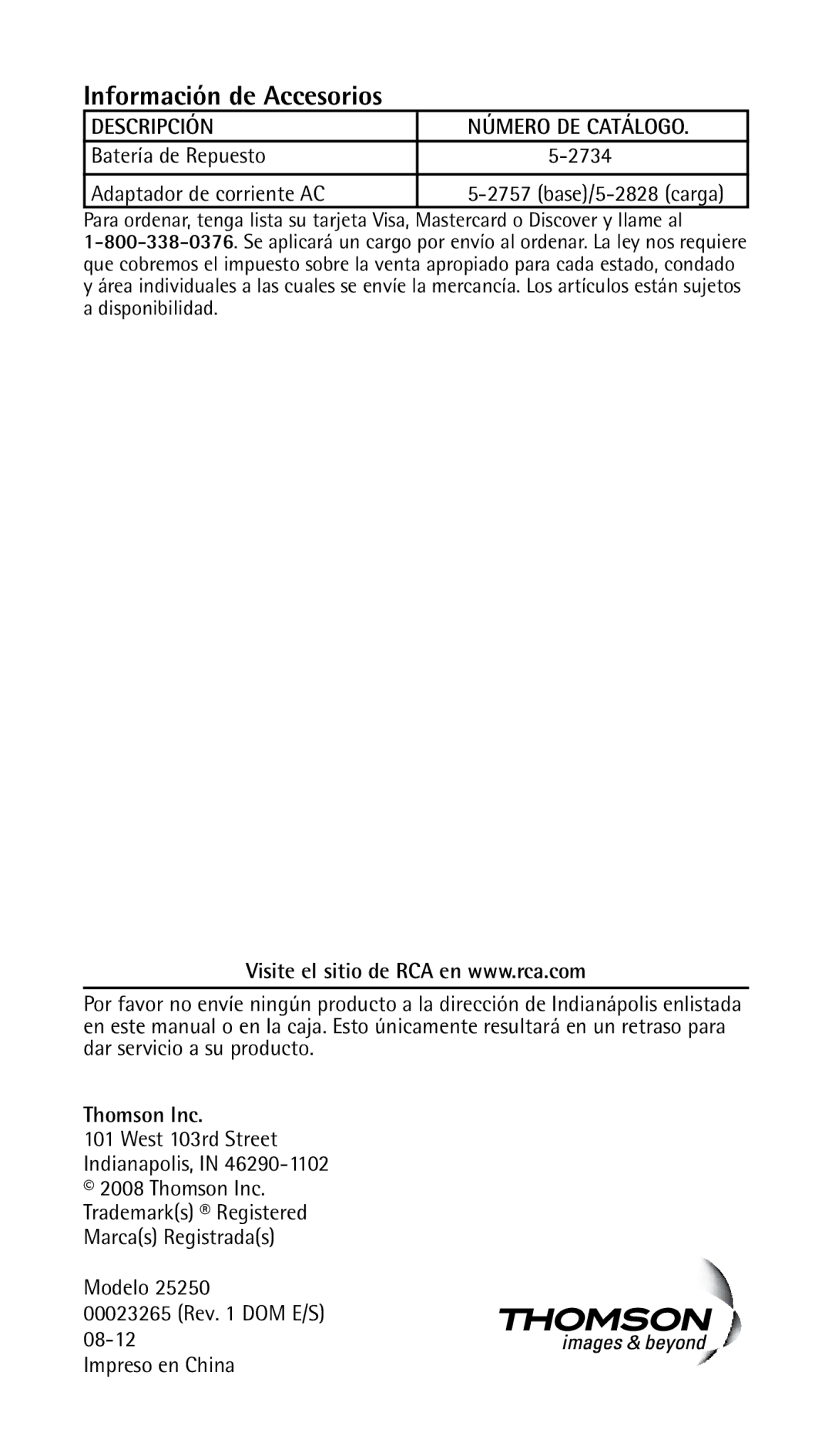 RCA 25250 manual Información de Accesorios, Batería de Repuesto 2734 Adaptador de corriente AC 