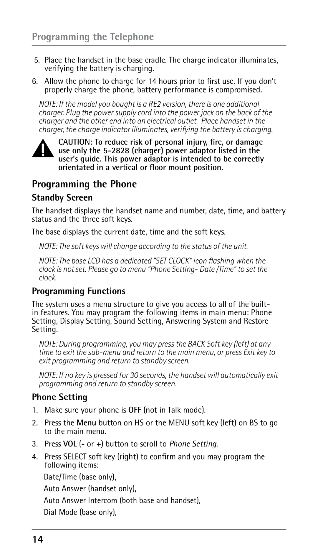 RCA 25250 manual Programming the Telephone, Programming the Phone, Standby Screen, Programming Functions, Phone Setting 