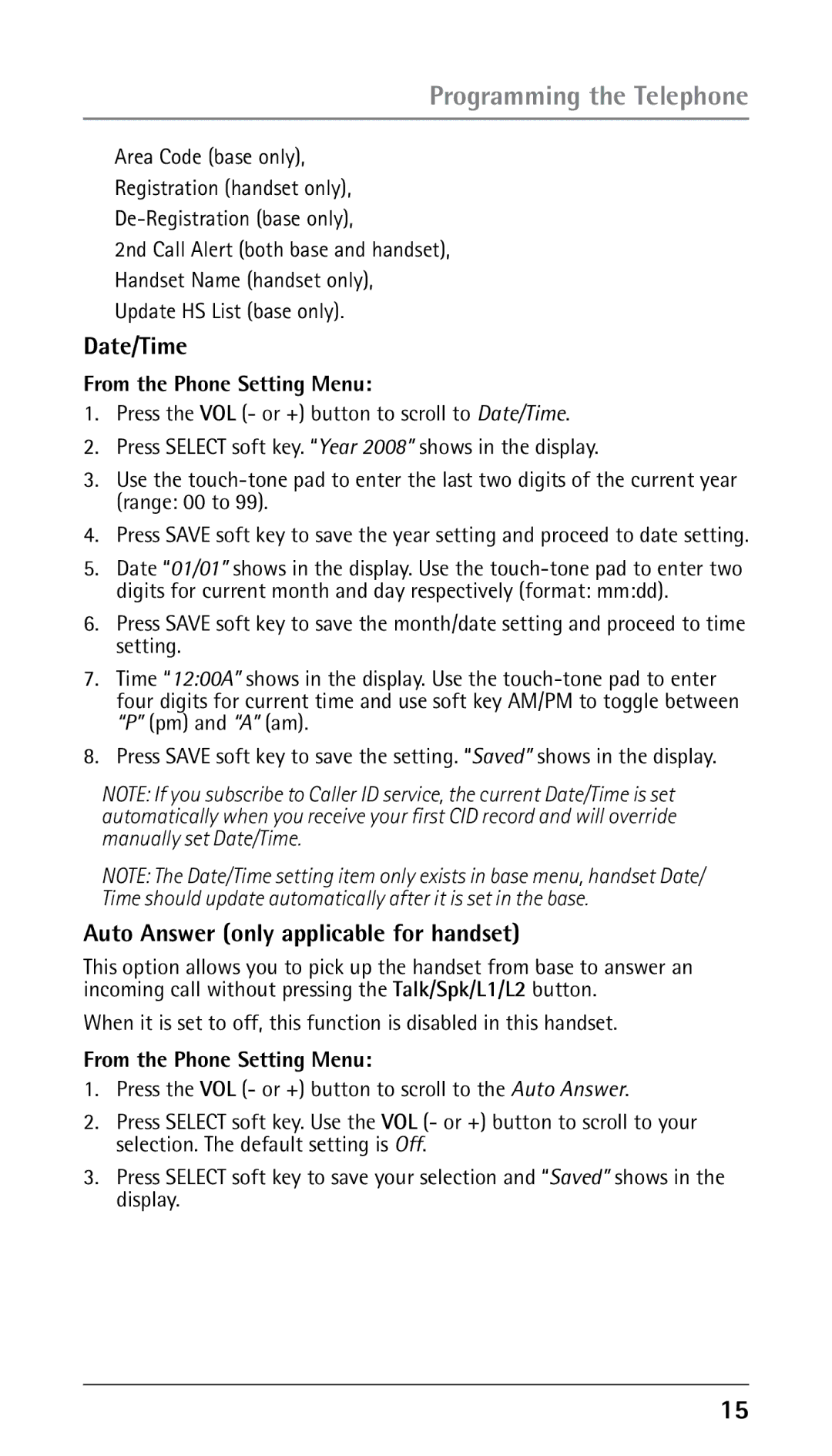 RCA 25250 manual Date/Time, Auto Answer only applicable for handset, From the Phone Setting Menu 