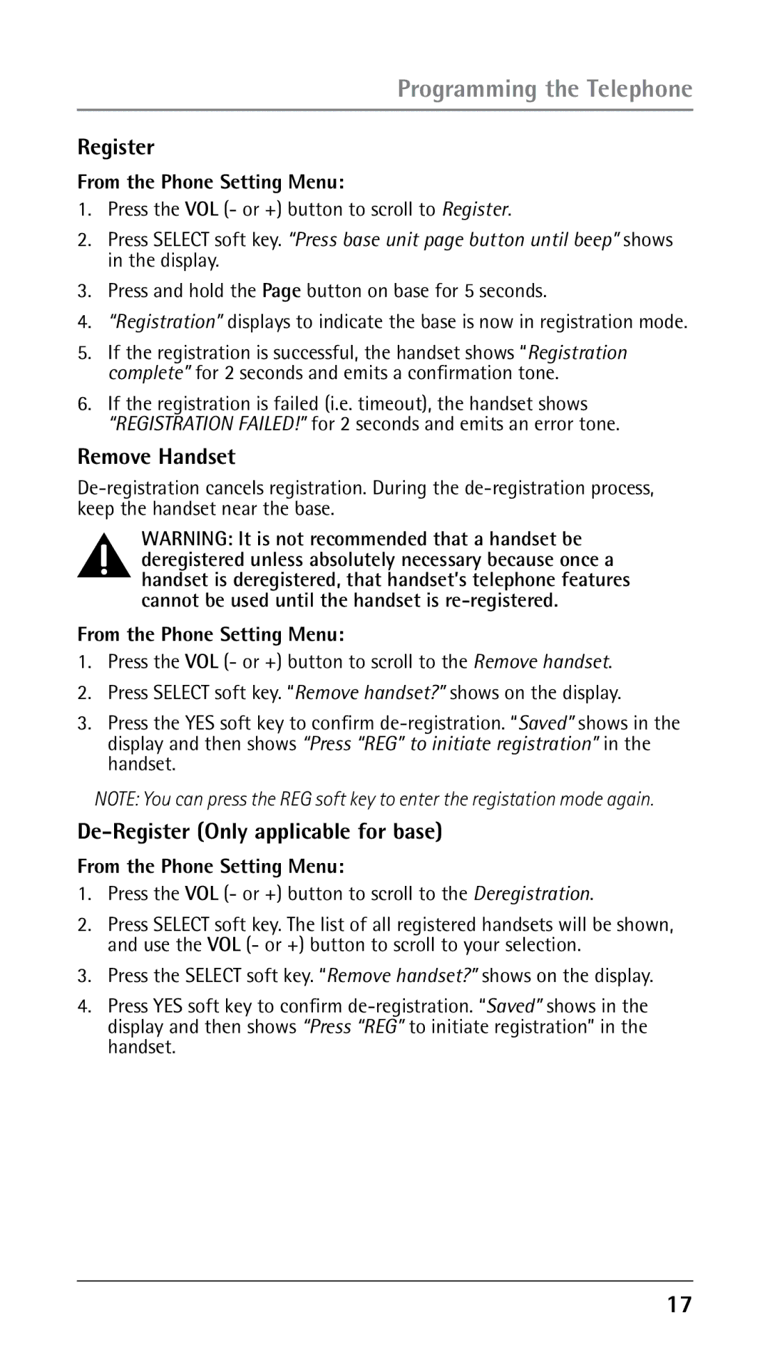 RCA 25250 manual Remove Handset, De-Register Only applicable for base, Press the VOL or + button to scroll to Register 