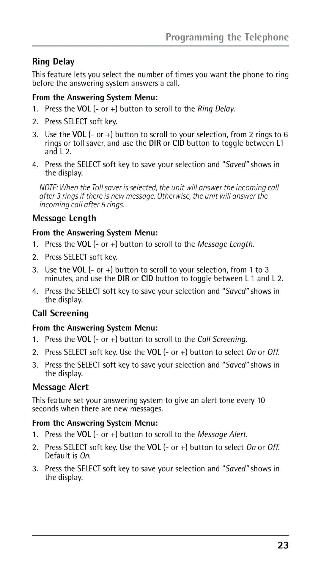 RCA 25250 manual Ring Delay, Message Length, Call Screening, Message Alert 