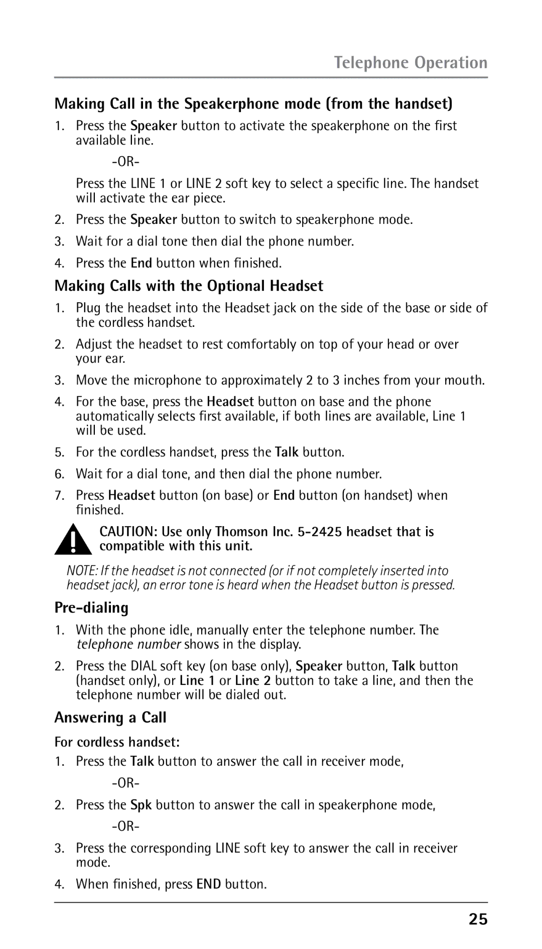 RCA 25250 manual Making Call in the Speakerphone mode from the handset, Making Calls with the Optional Headset, Pre-dialing 