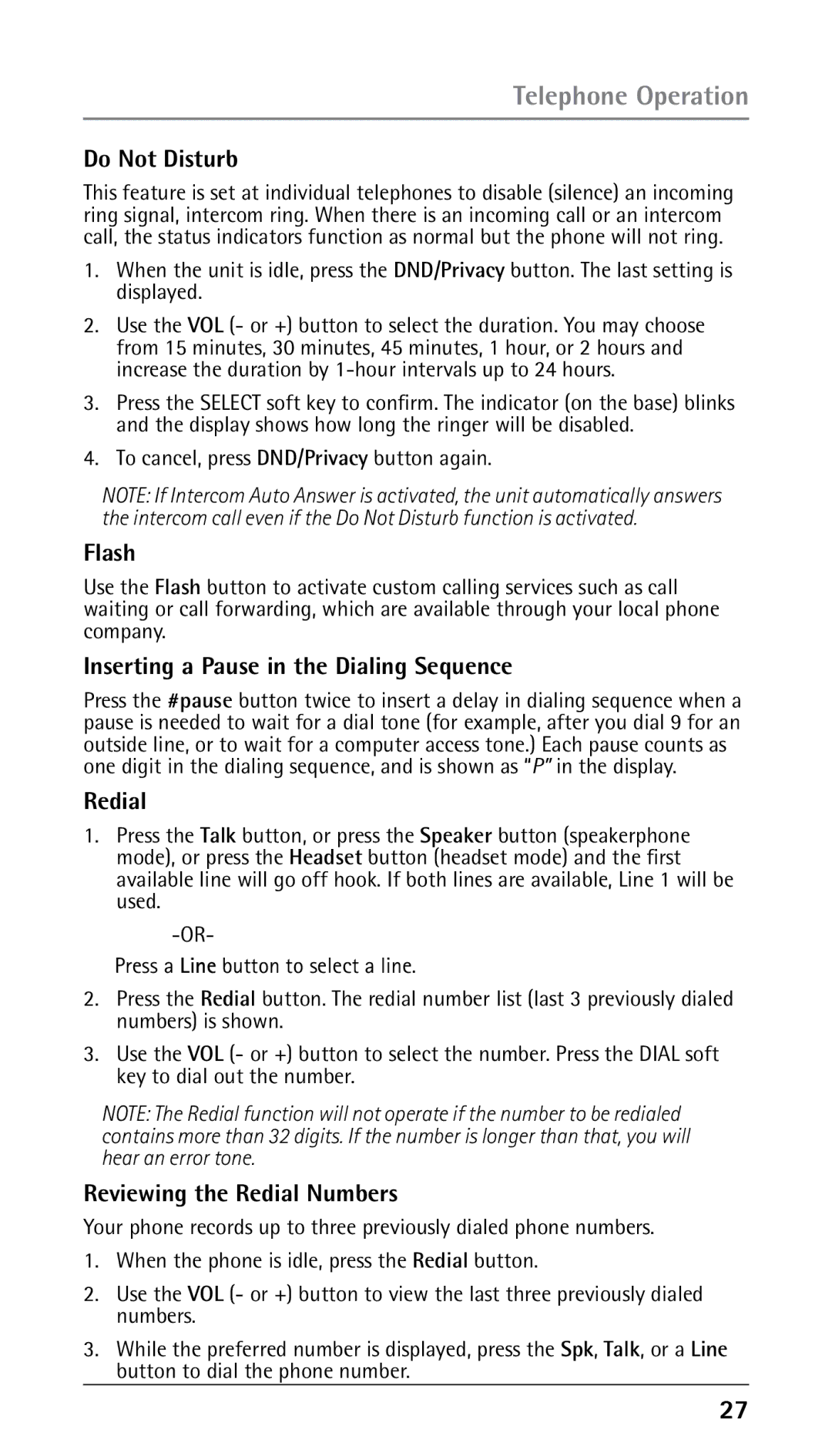 RCA 25250 manual Do Not Disturb, Flash, Inserting a Pause in the Dialing Sequence, Reviewing the Redial Numbers 