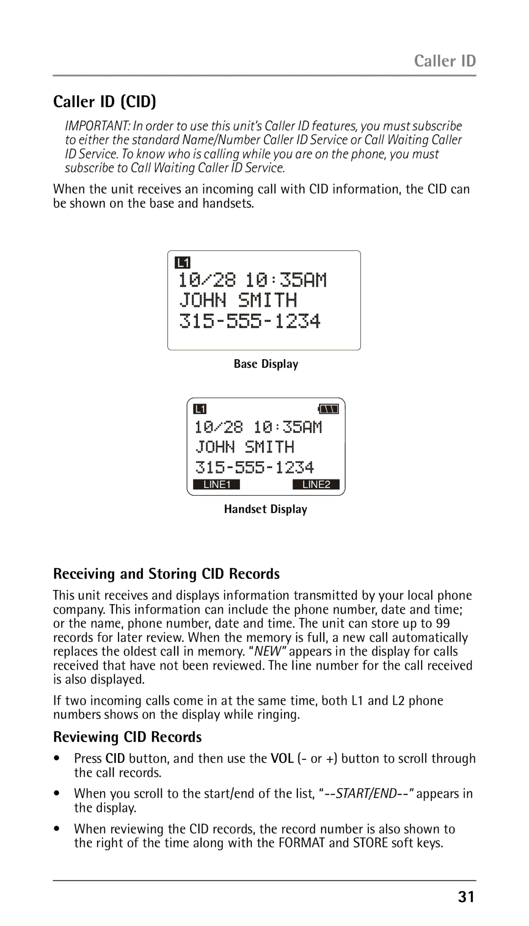 RCA 25250 manual Caller ID CID, Receiving and Storing CID Records, Reviewing CID Records 