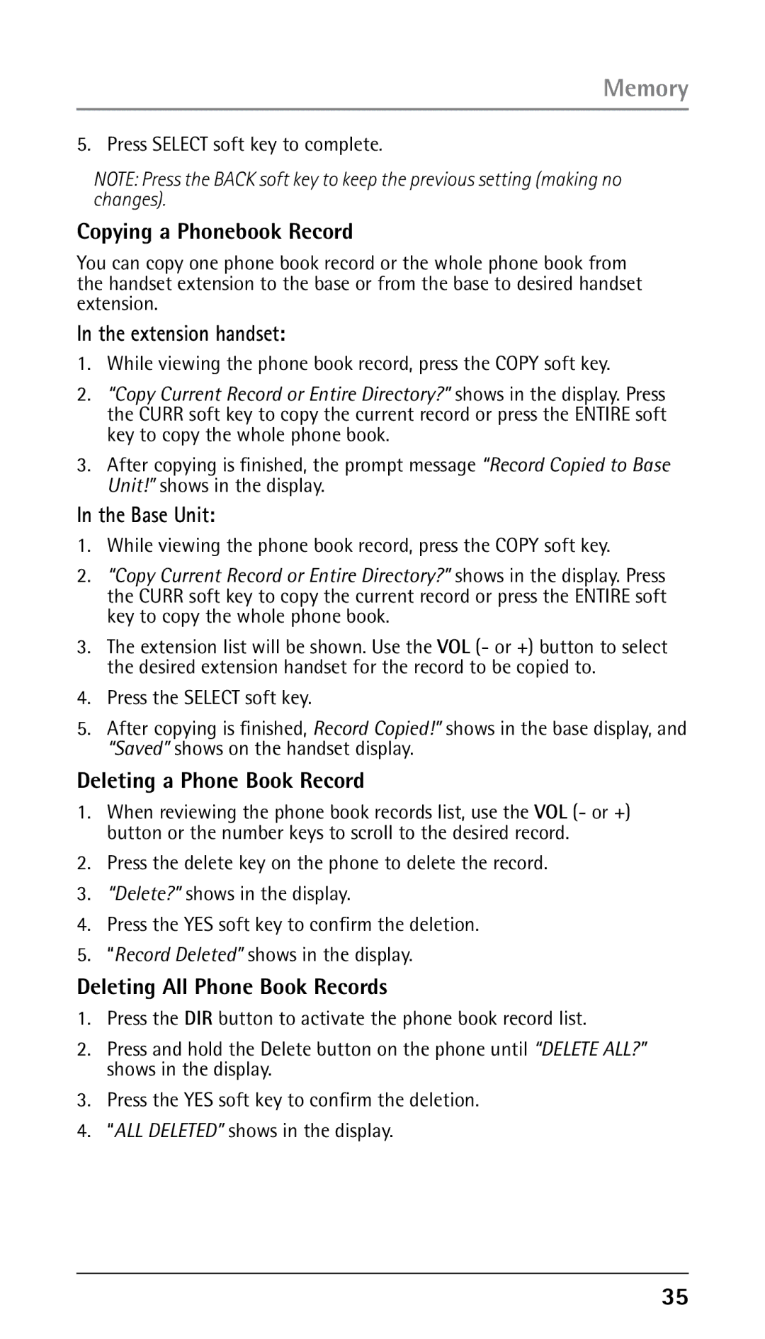 RCA 25250 manual Copying a Phonebook Record, Extension handset, Base Unit, Deleting a Phone Book Record 