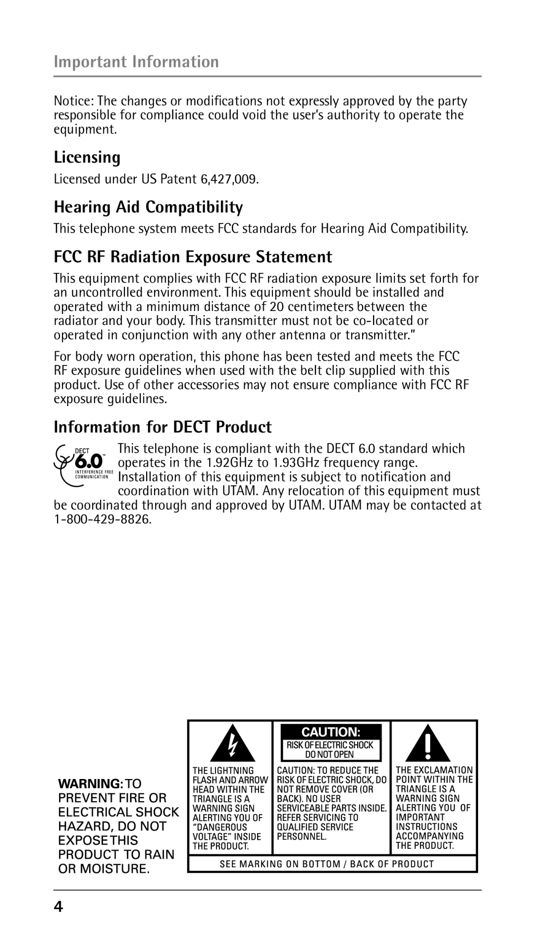 RCA 25250 manual Licensing, Hearing Aid Compatibility, FCC RF Radiation Exposure Statement, Information for Dect Product 