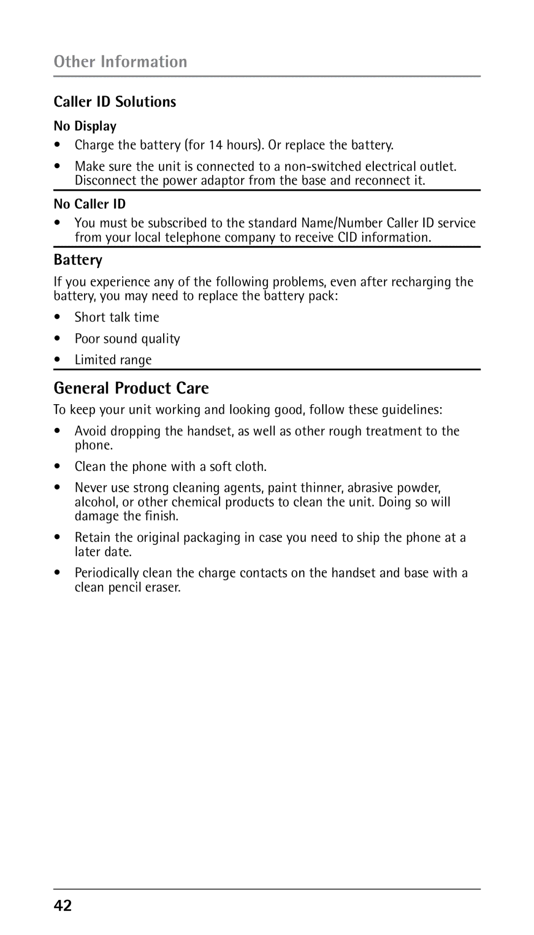 RCA 25250 manual General Product Care, Caller ID Solutions, Battery, No Display, No Caller ID 