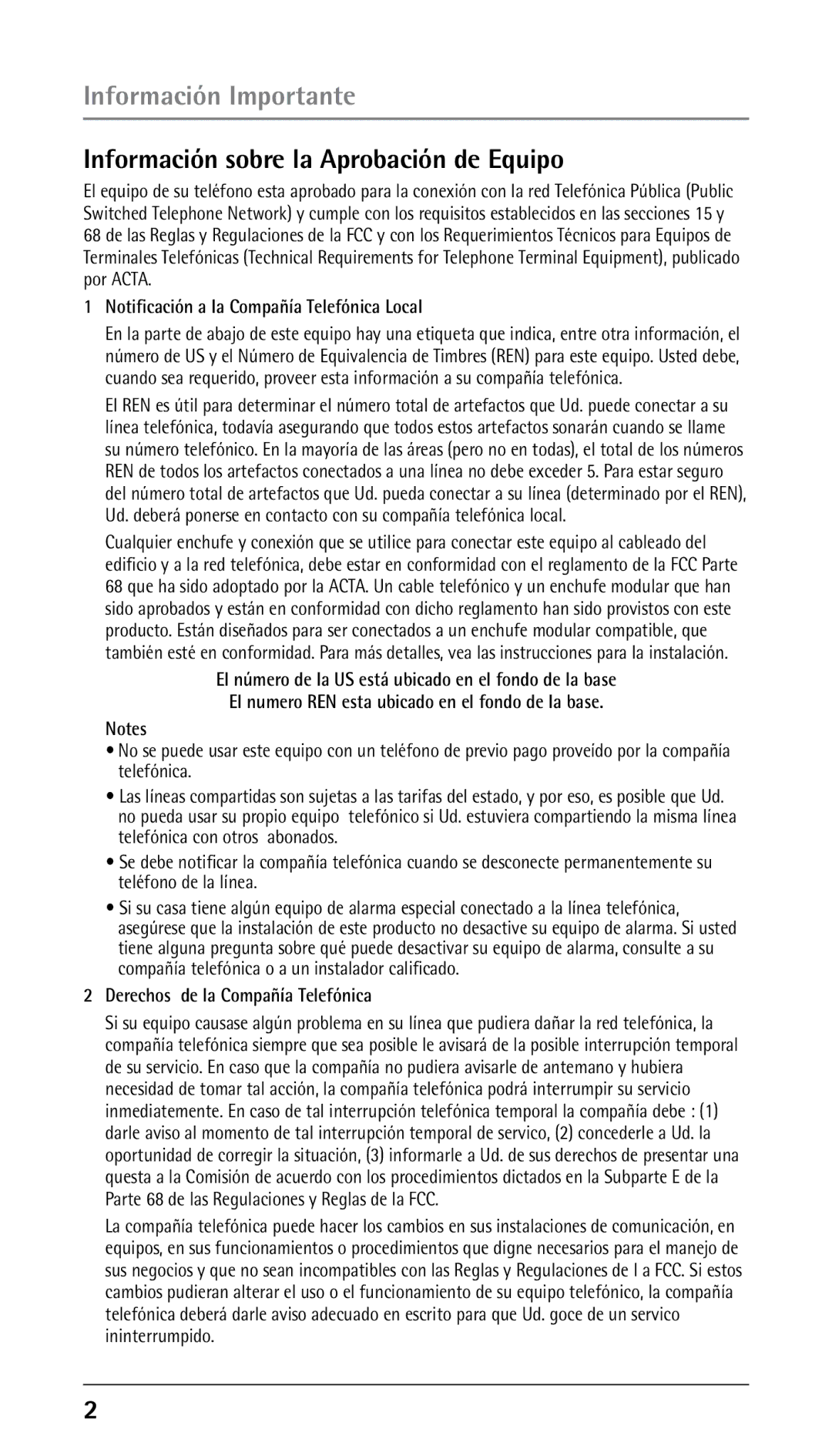 RCA 25250 manual Información Importante, Información sobre la Aprobación de Equipo 