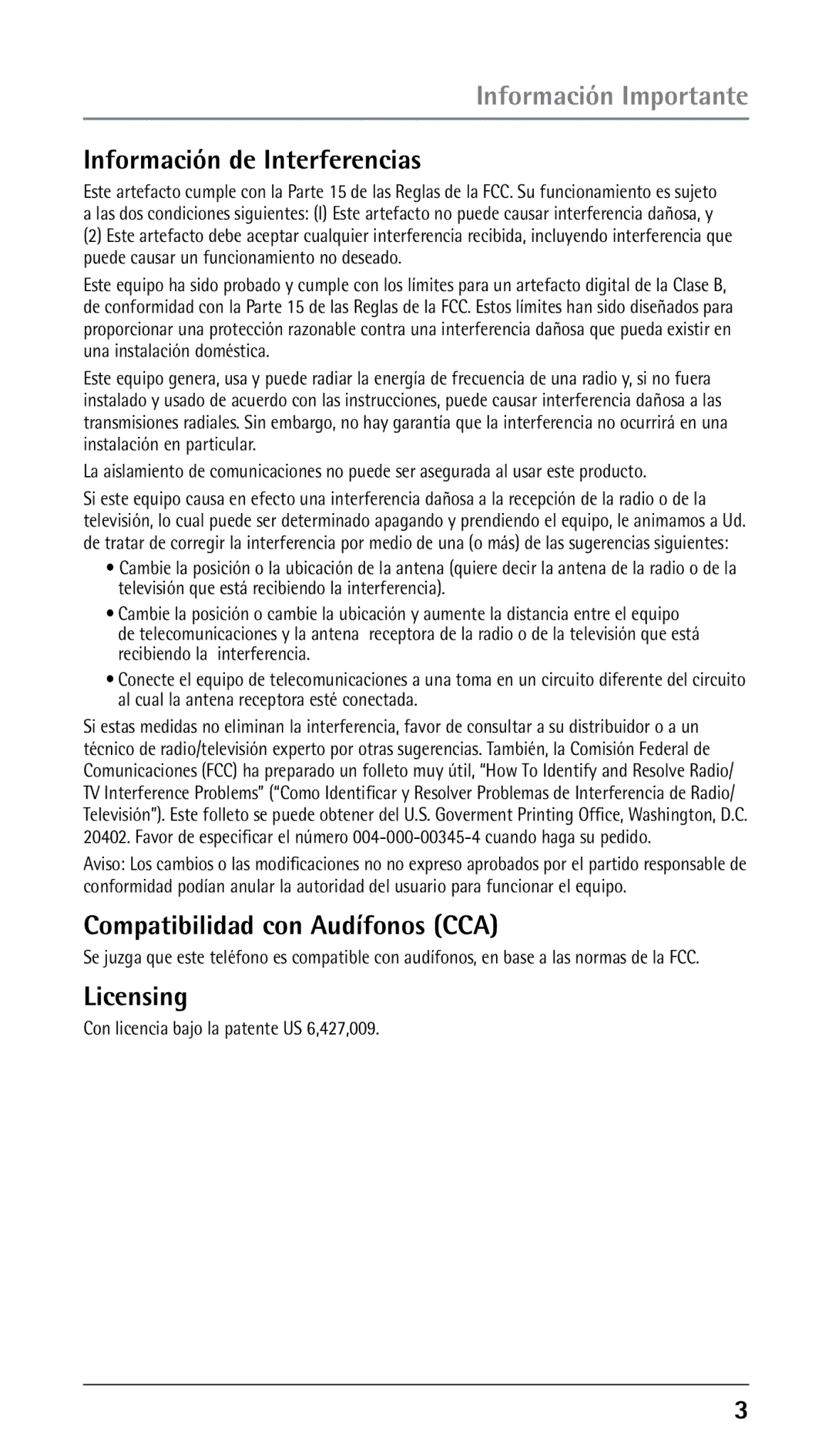 RCA 25250 manual Información de Interferencias, Compatibilidad con Audífonos CCA 