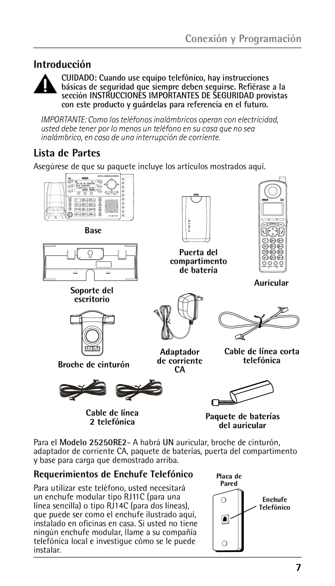 RCA 25250 Conexión y Programación, Introducción, Lista de Partes, Requerimientos de Enchufe Telefónico, Broche de cinturón 