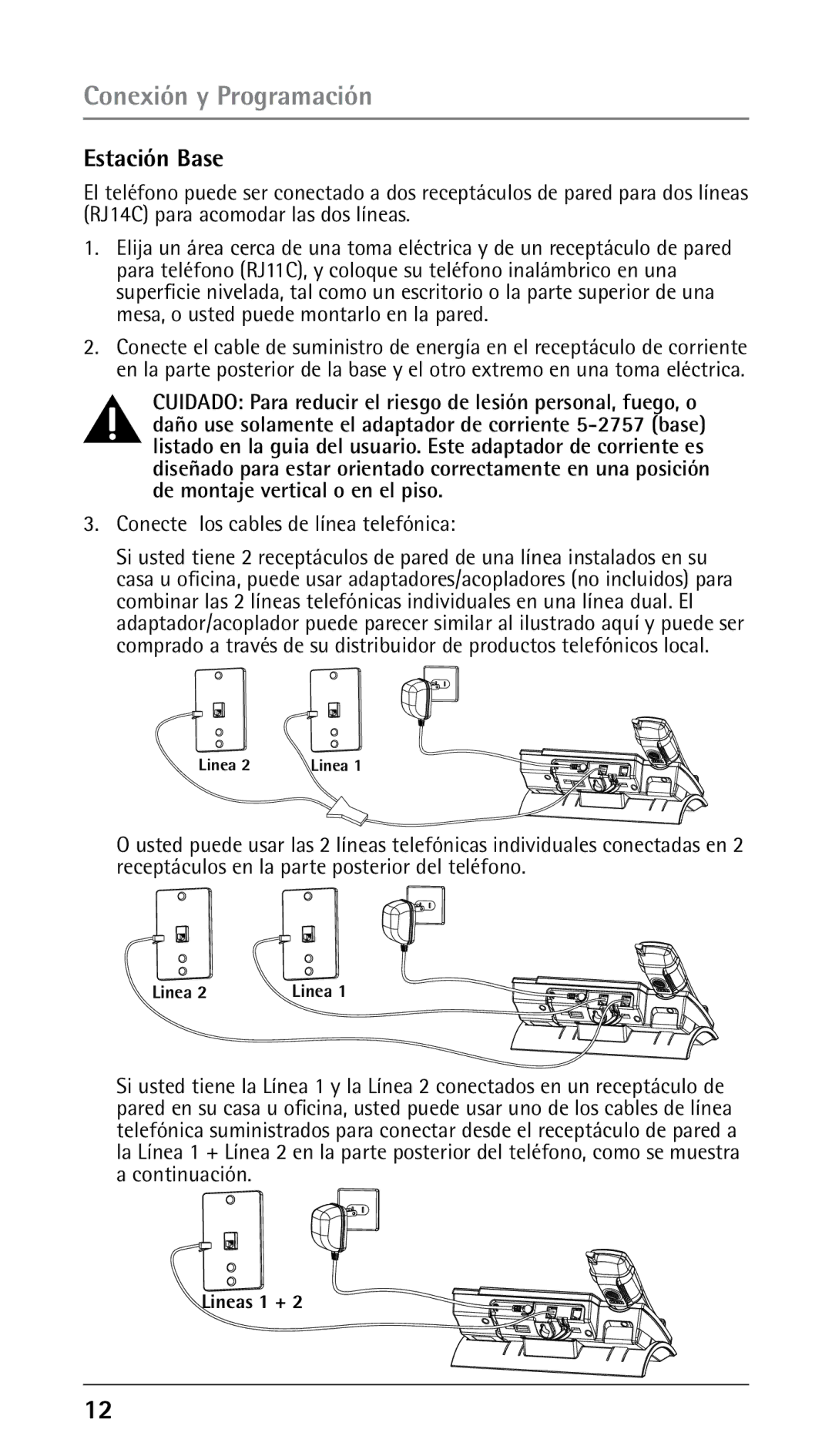 RCA 25250 manual Estación Base, Conecte los cables de línea telefónica 