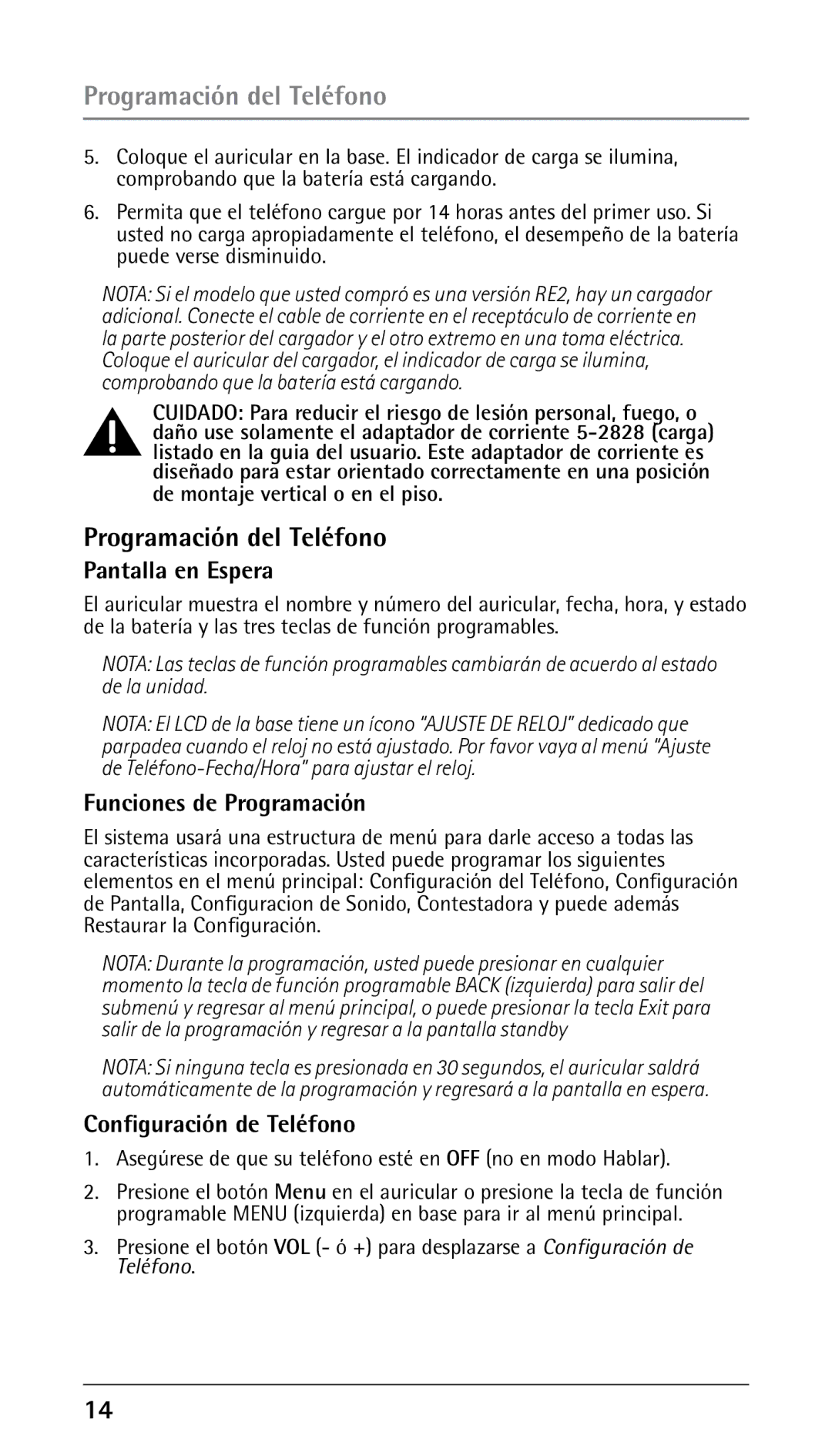 RCA 25250 manual Programación del Teléfono, Pantalla en Espera, Funciones de Programación, Configuración de Teléfono 