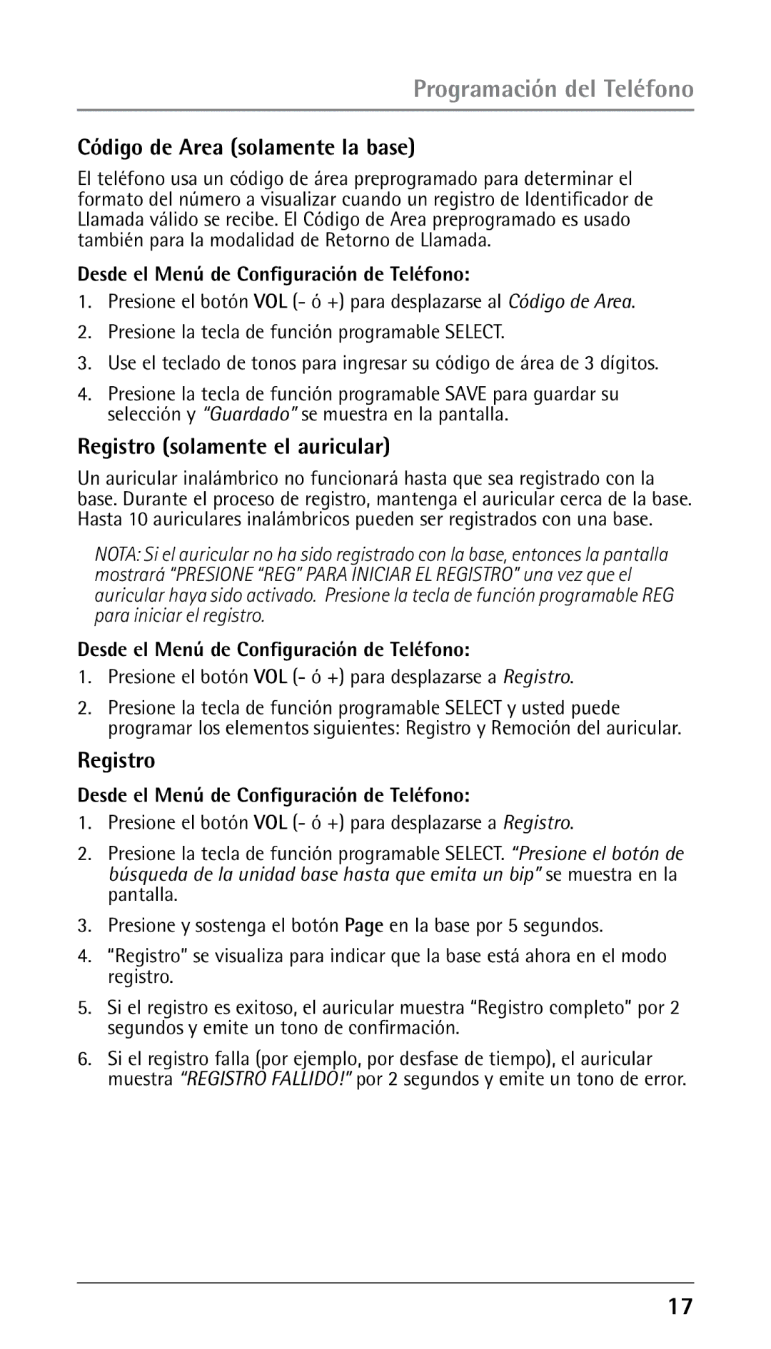 RCA 25250 manual Código de Area solamente la base, Registro solamente el auricular 