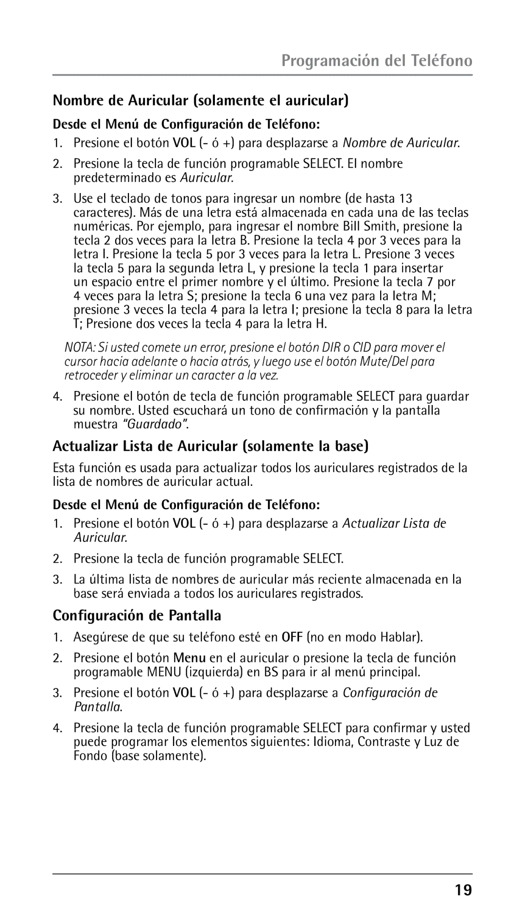 RCA 25250 manual Nombre de Auricular solamente el auricular, Actualizar Lista de Auricular solamente la base 