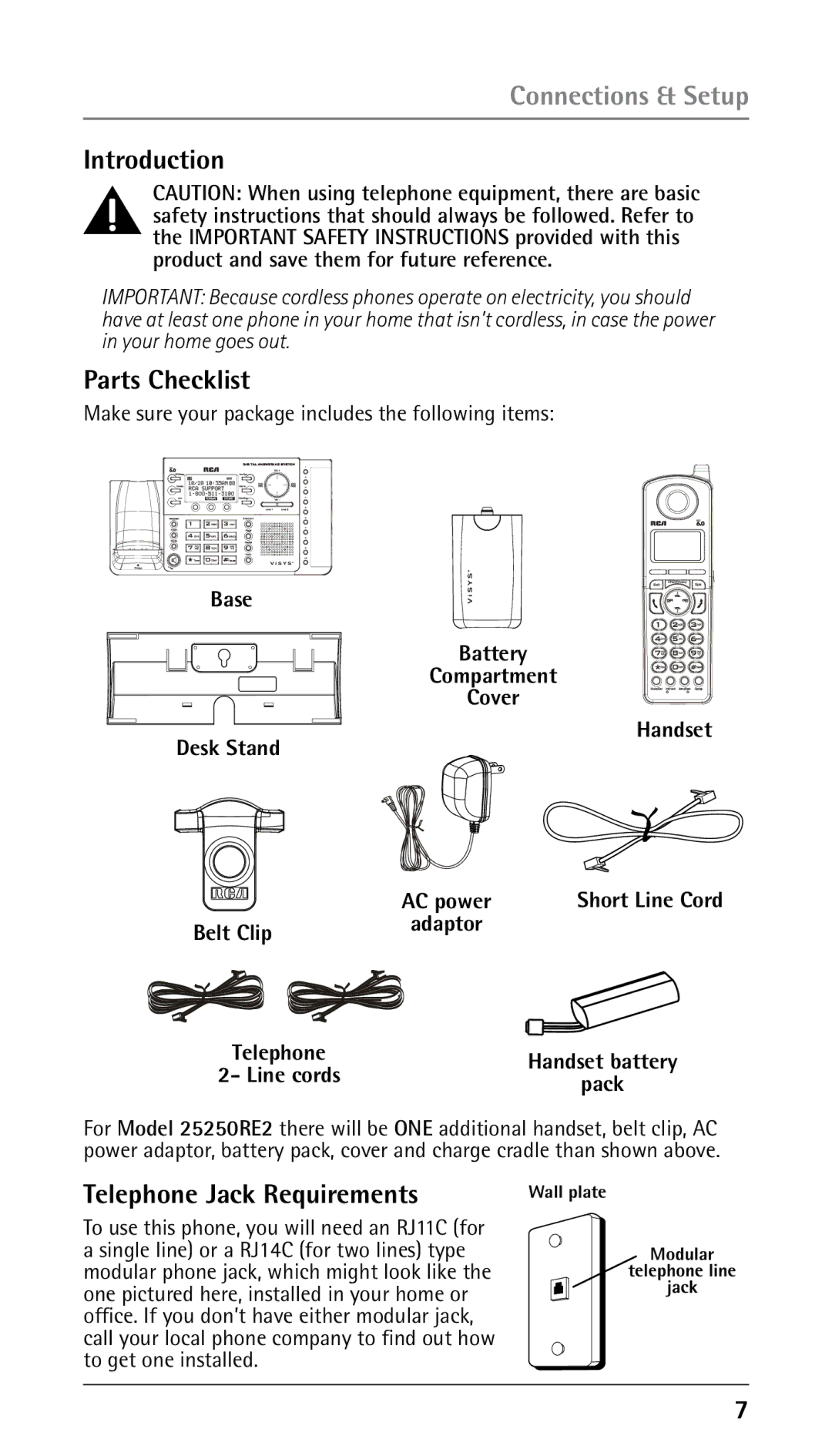 RCA 25250 manual Connections & Setup, Introduction, Parts Checklist, Telephone Jack Requirements 