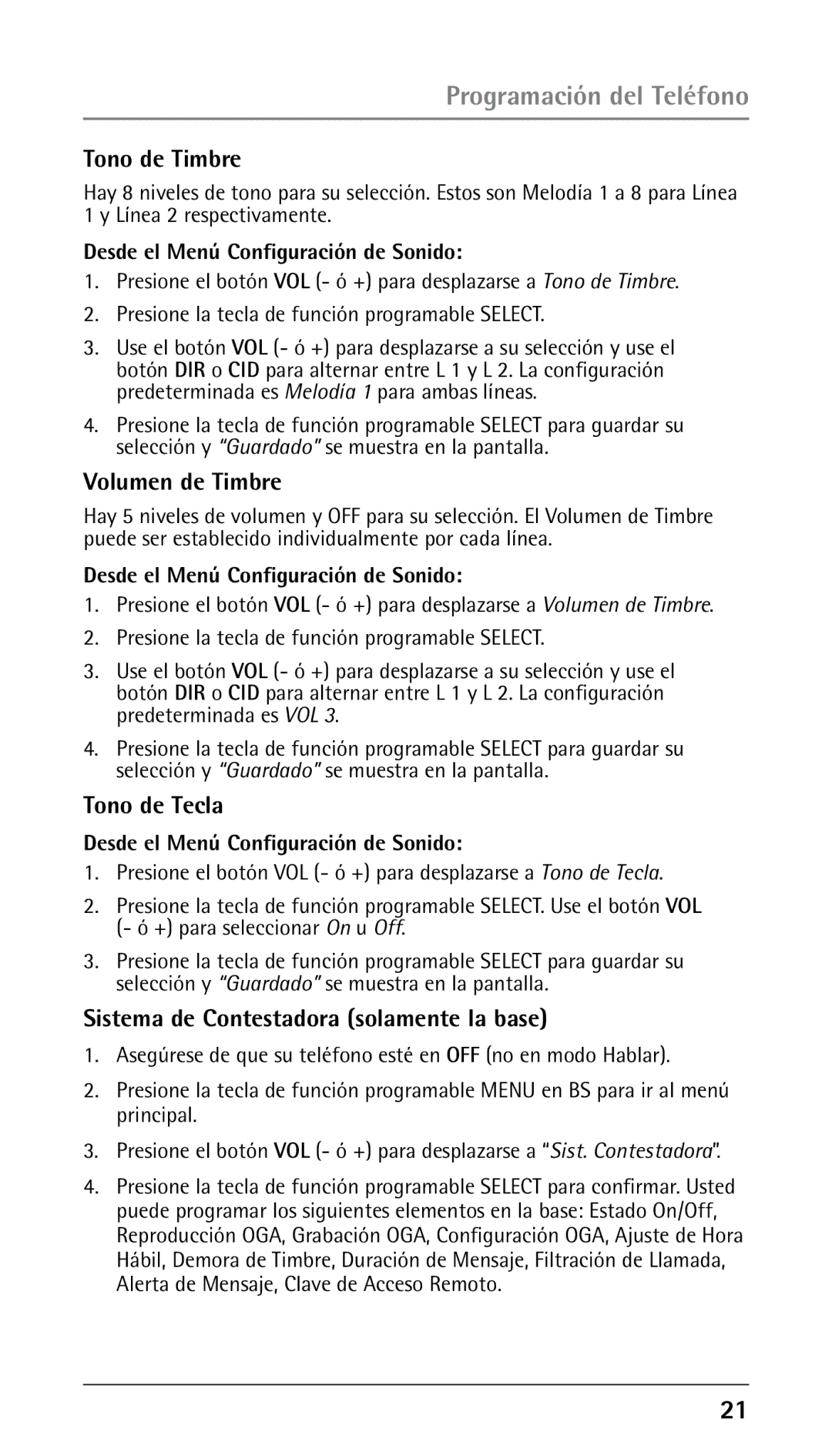 RCA 25250 manual Tono de Timbre, Volumen de Timbre, Tono de Tecla, Sistema de Contestadora solamente la base 