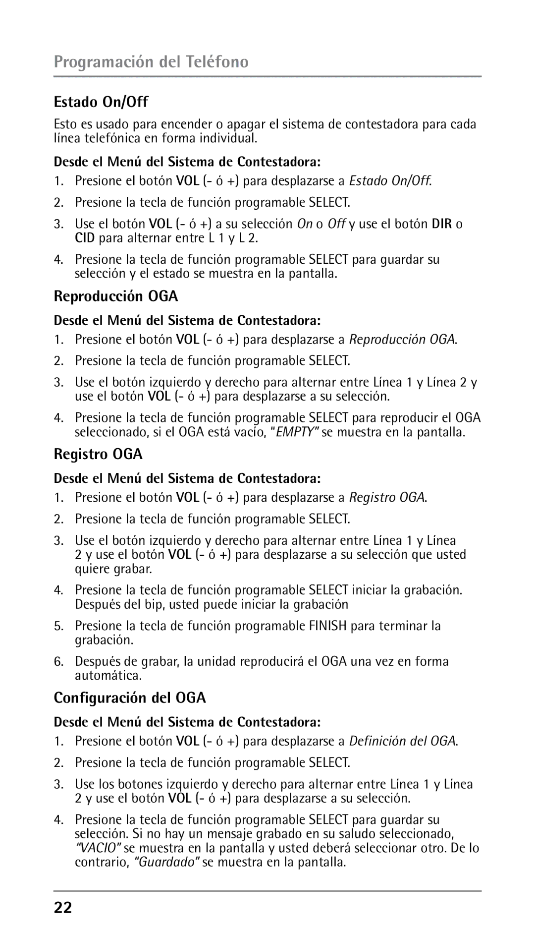 RCA 25250 Estado On/Off, Reproducción OGA, Registro OGA, Configuración del OGA, Desde el Menú del Sistema de Contestadora 