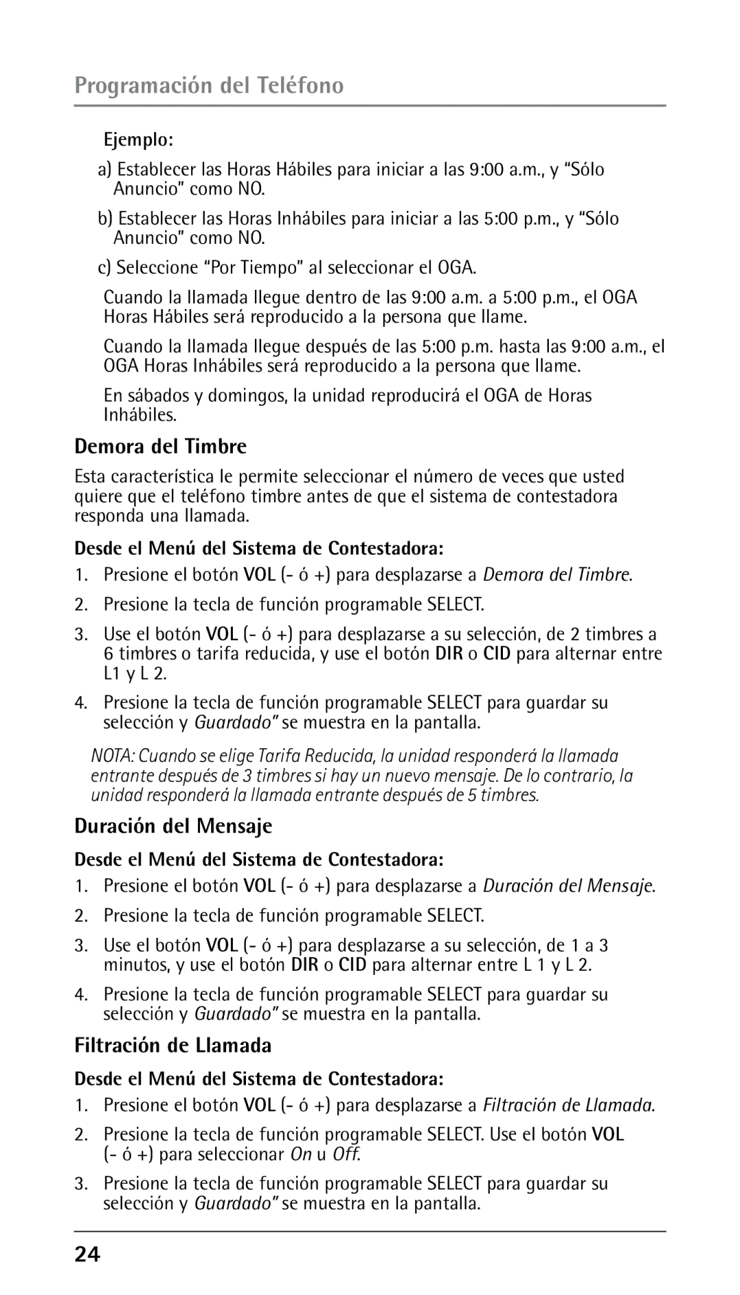 RCA 25250 manual Demora del Timbre, Duración del Mensaje, Filtración de Llamada, Ejemplo 