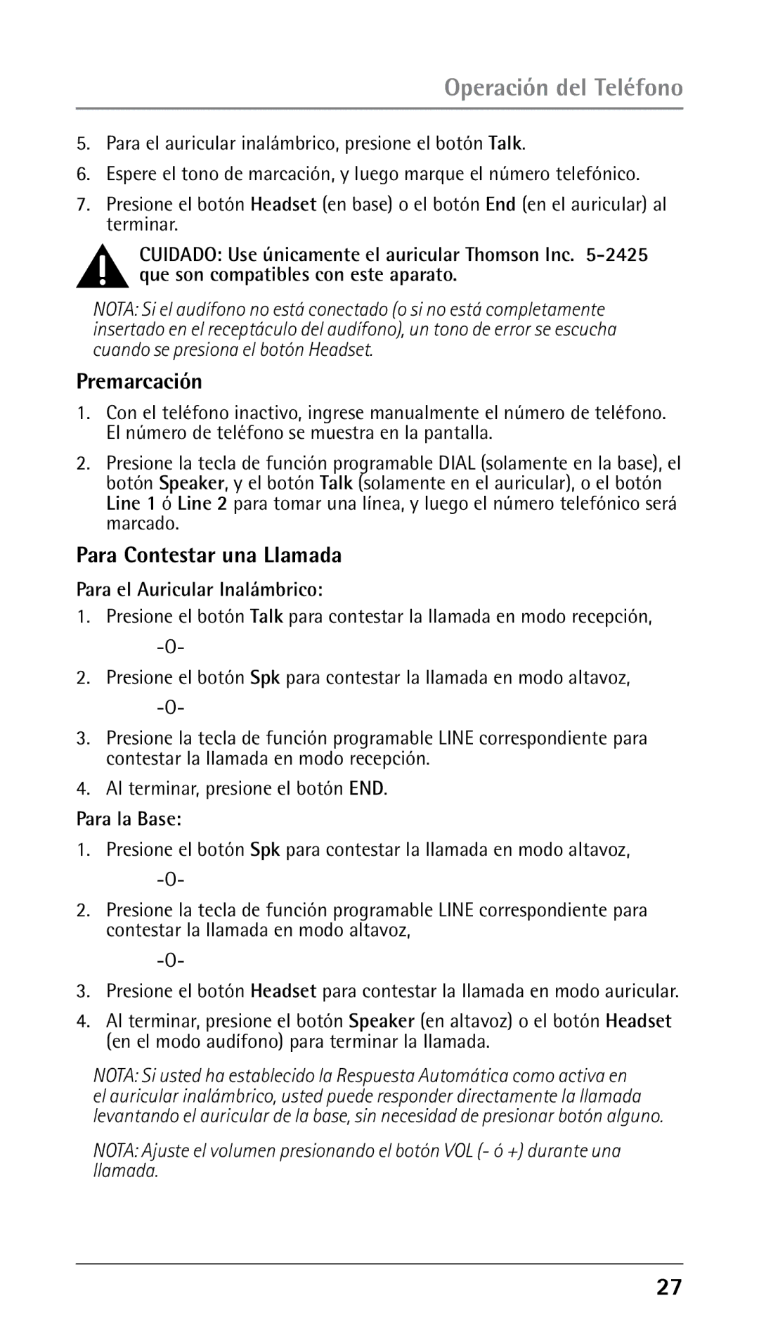 RCA 25250 Premarcación, Para Contestar una Llamada, Para el Auricular Inalámbrico, Al terminar, presione el botón END 