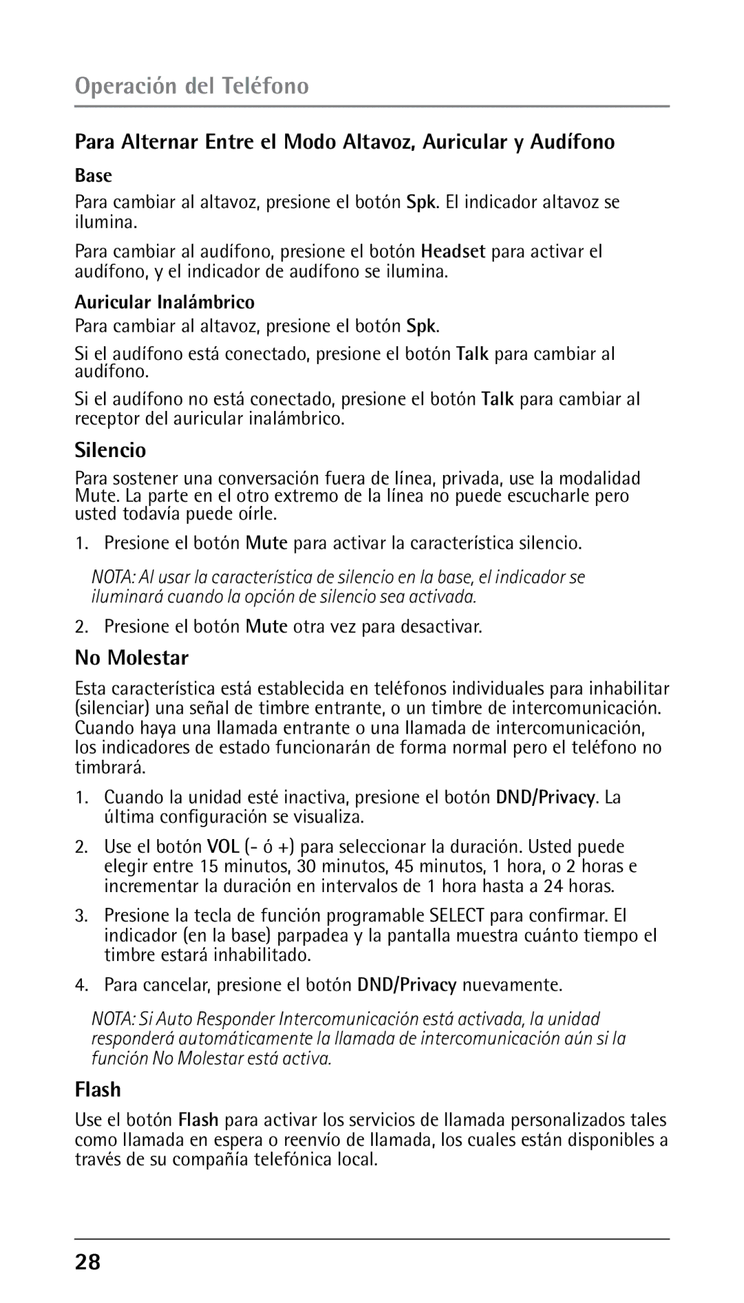 RCA 25250 manual Para Alternar Entre el Modo Altavoz, Auricular y Audífono, Silencio, No Molestar, Auricular Inalámbrico 