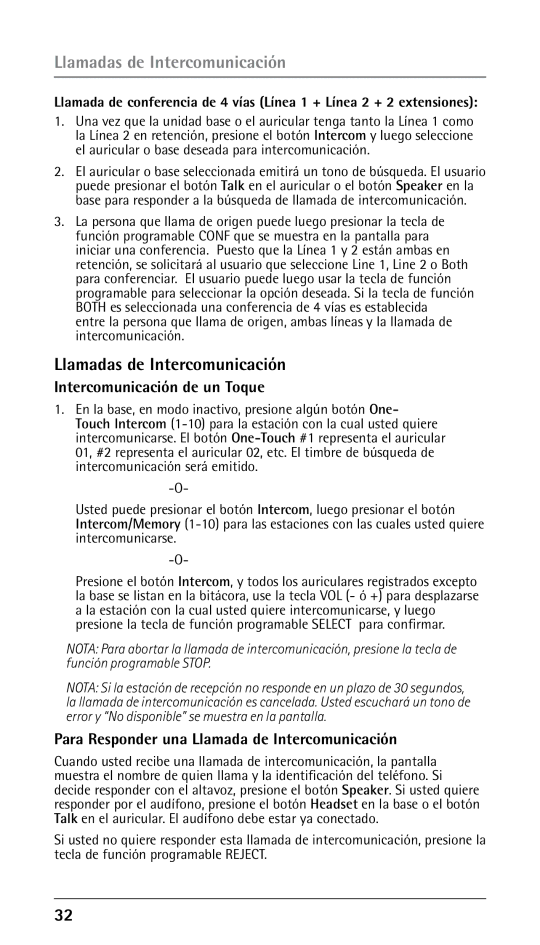 RCA 25250 Llamadas de Intercomunicación, Intercomunicación de un Toque, Para Responder una Llamada de Intercomunicación 