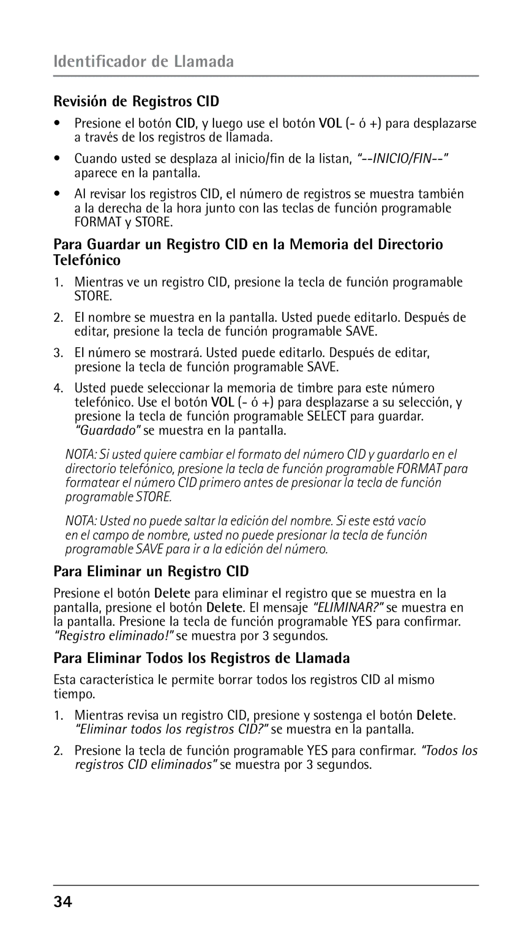 RCA 25250 manual Revisión de Registros CID, Para Eliminar un Registro CID, Para Eliminar Todos los Registros de Llamada 