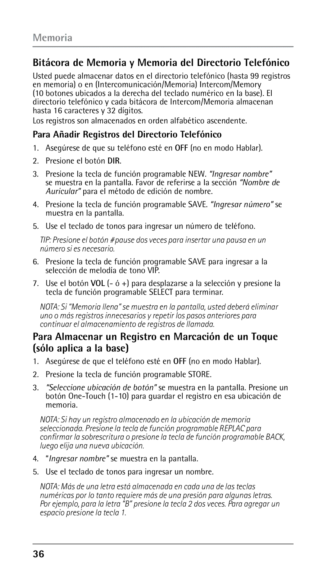 RCA 25250 Bitácora de Memoria y Memoria del Directorio Telefónico, Para Añadir Registros del Directorio Telefónico 