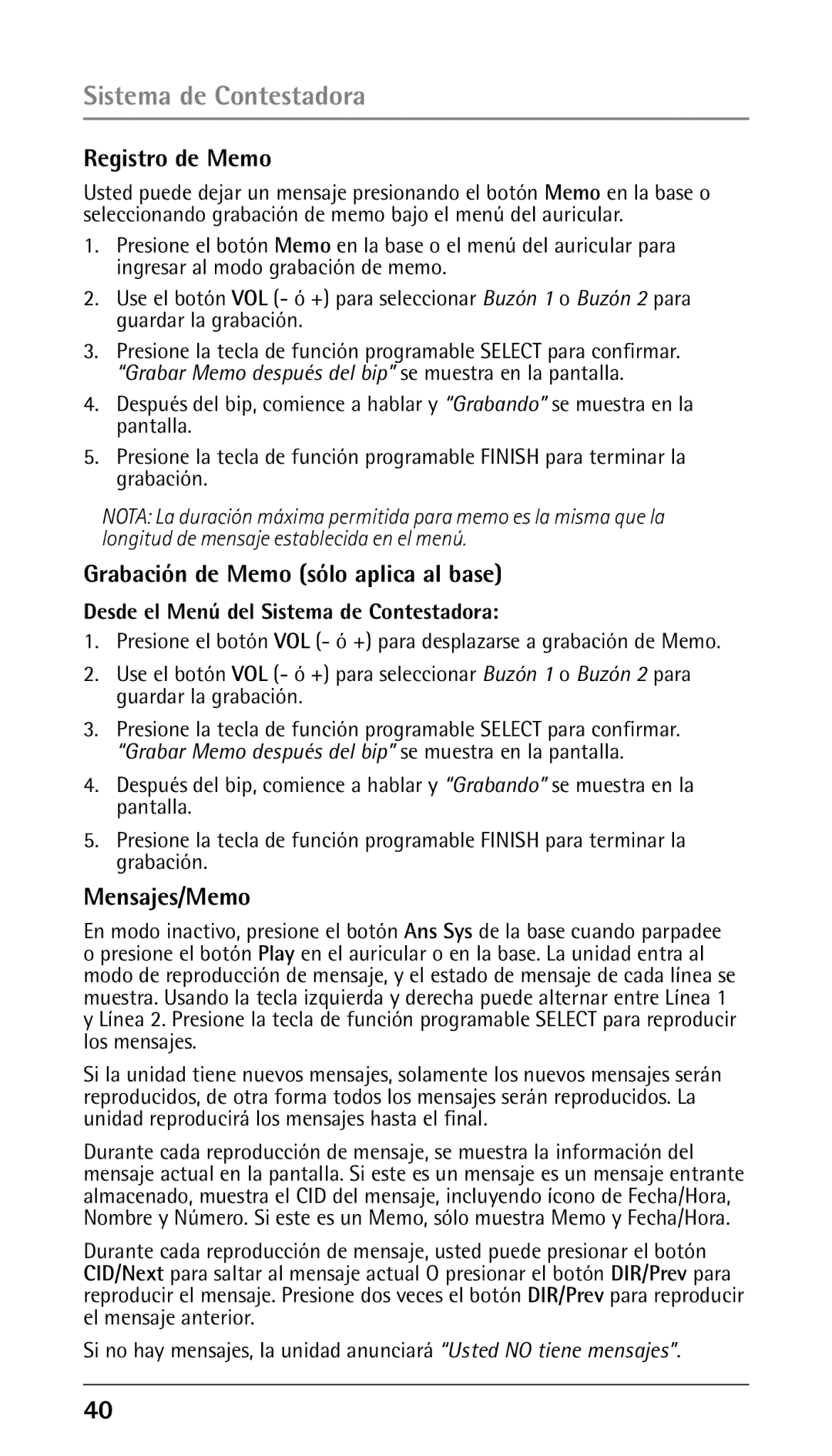 RCA 25250 manual Registro de Memo, Grabación de Memo sólo aplica al base, Mensajes/Memo 