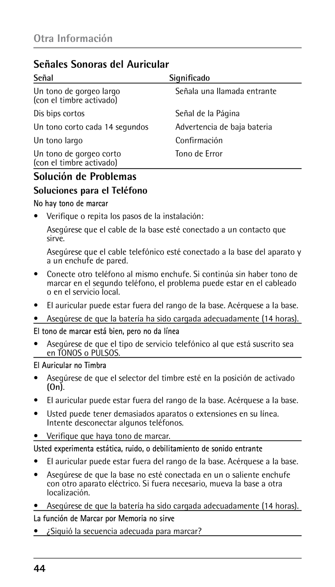 RCA 25250 manual Señales Sonoras del Auricular, Solución de Problemas, Soluciones para el Teléfono 