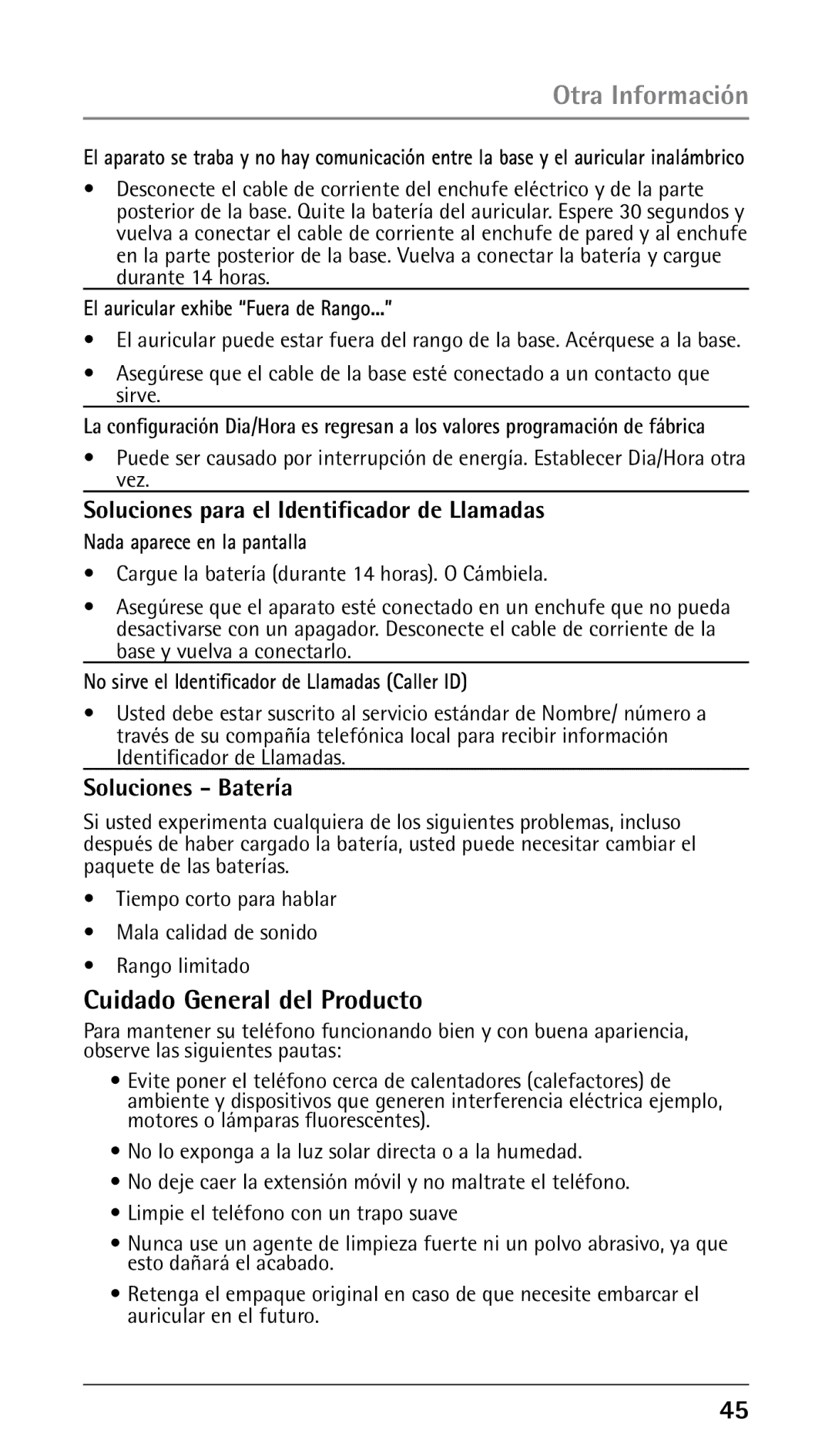 RCA 25250 manual Cuidado General del Producto, Soluciones para el Identificador de Llamadas, Soluciones Batería 