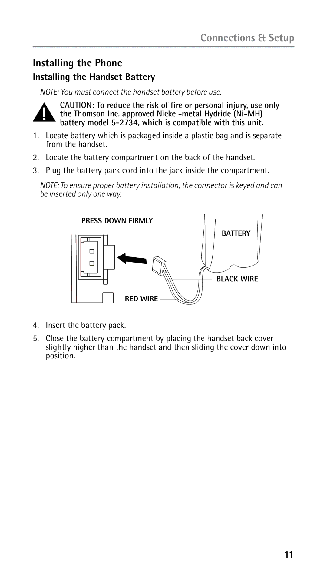 RCA 00023265, 25250RE2 manual Installing the Phone, Installing the Handset Battery 