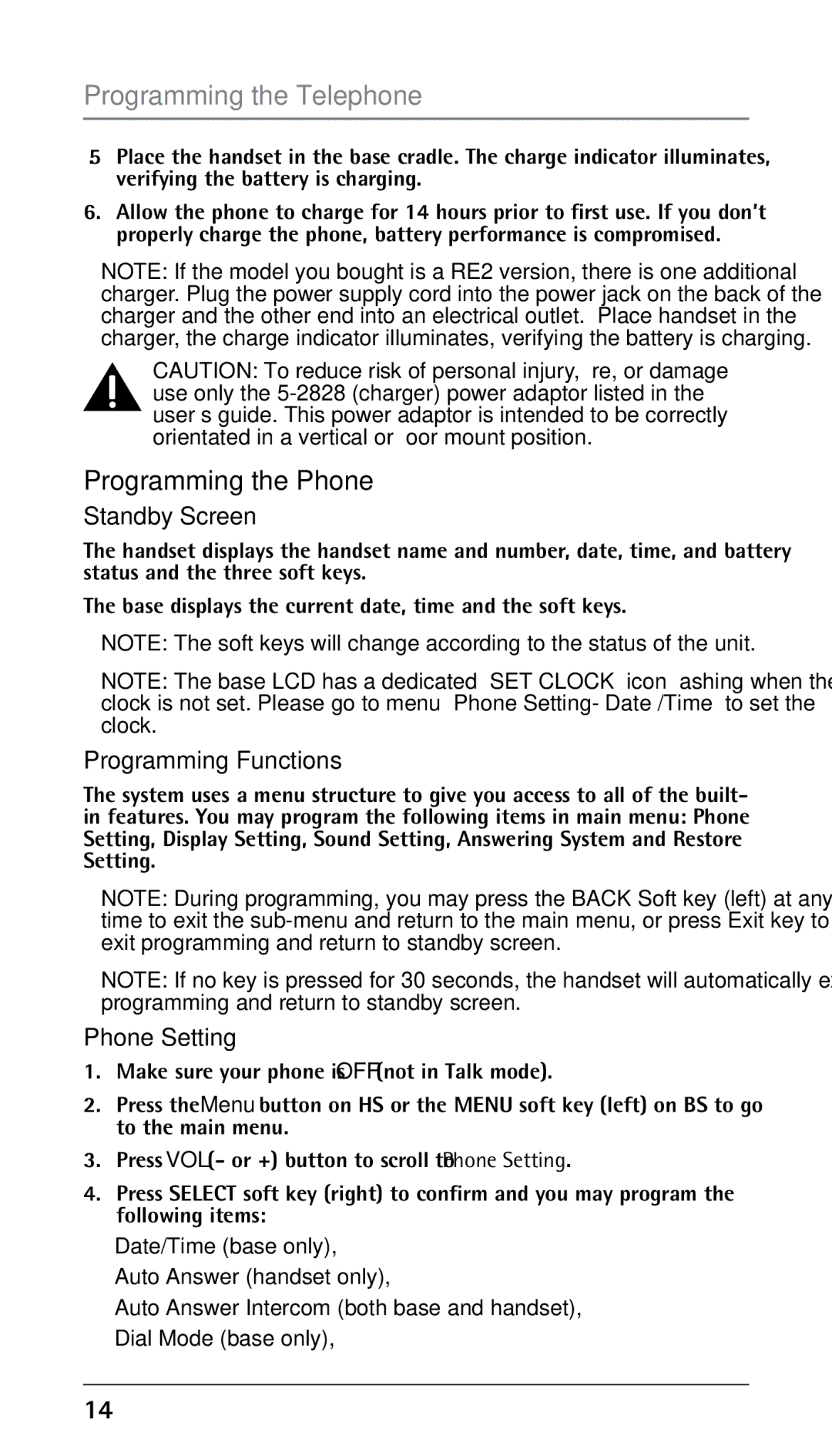 RCA 25250RE2 manual Programming the Telephone, Programming the Phone, Standby Screen, Programming Functions, Phone Setting 