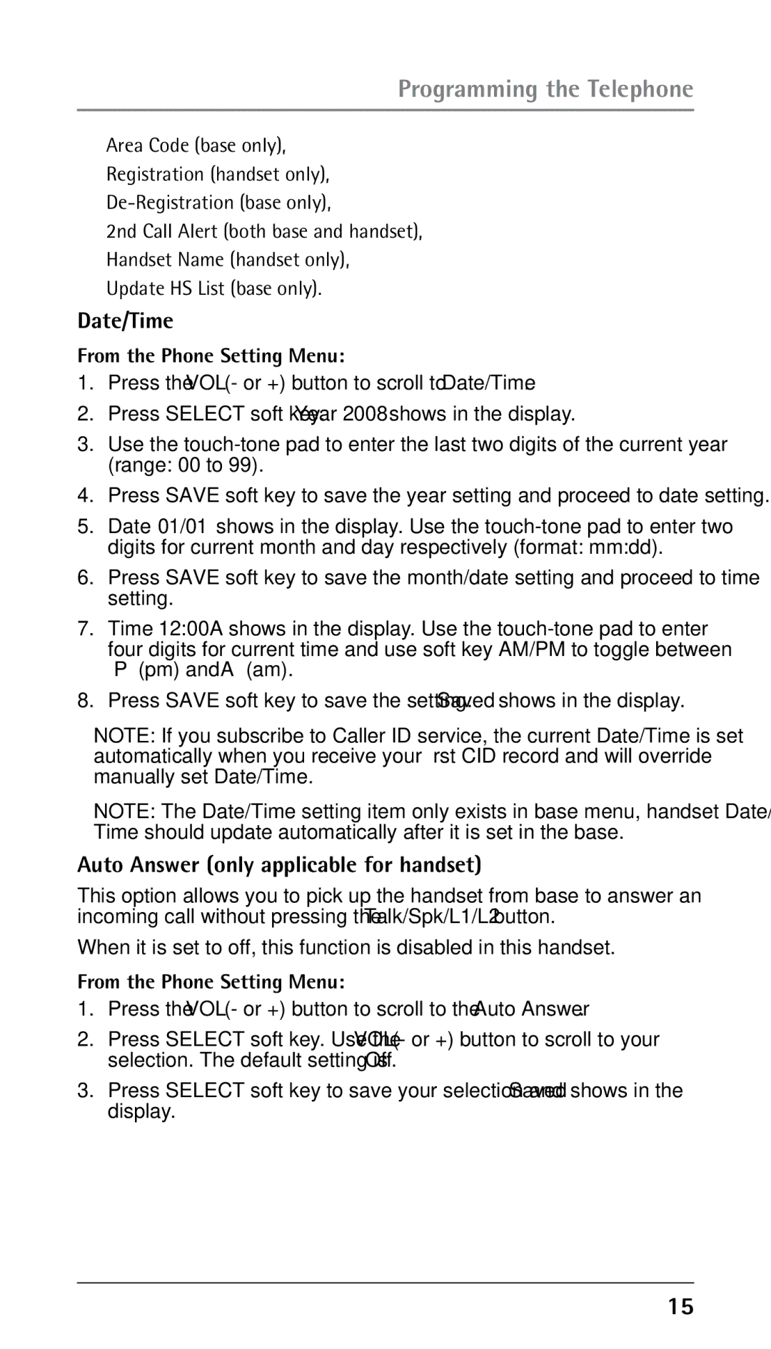 RCA 00023265, 25250RE2 manual Date/Time, Auto Answer only applicable for handset, From the Phone Setting Menu 