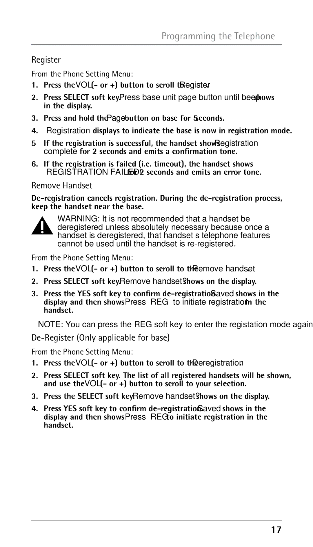 RCA 00023265 Remove Handset, De-Register Only applicable for base, Press the VOL or + button to scroll to Register 