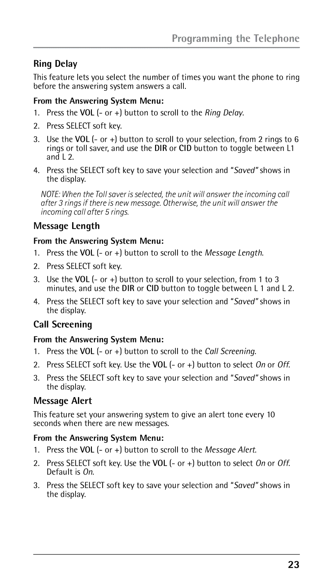 RCA 00023265, 25250RE2 manual Ring Delay, Message Length, Call Screening, Message Alert 