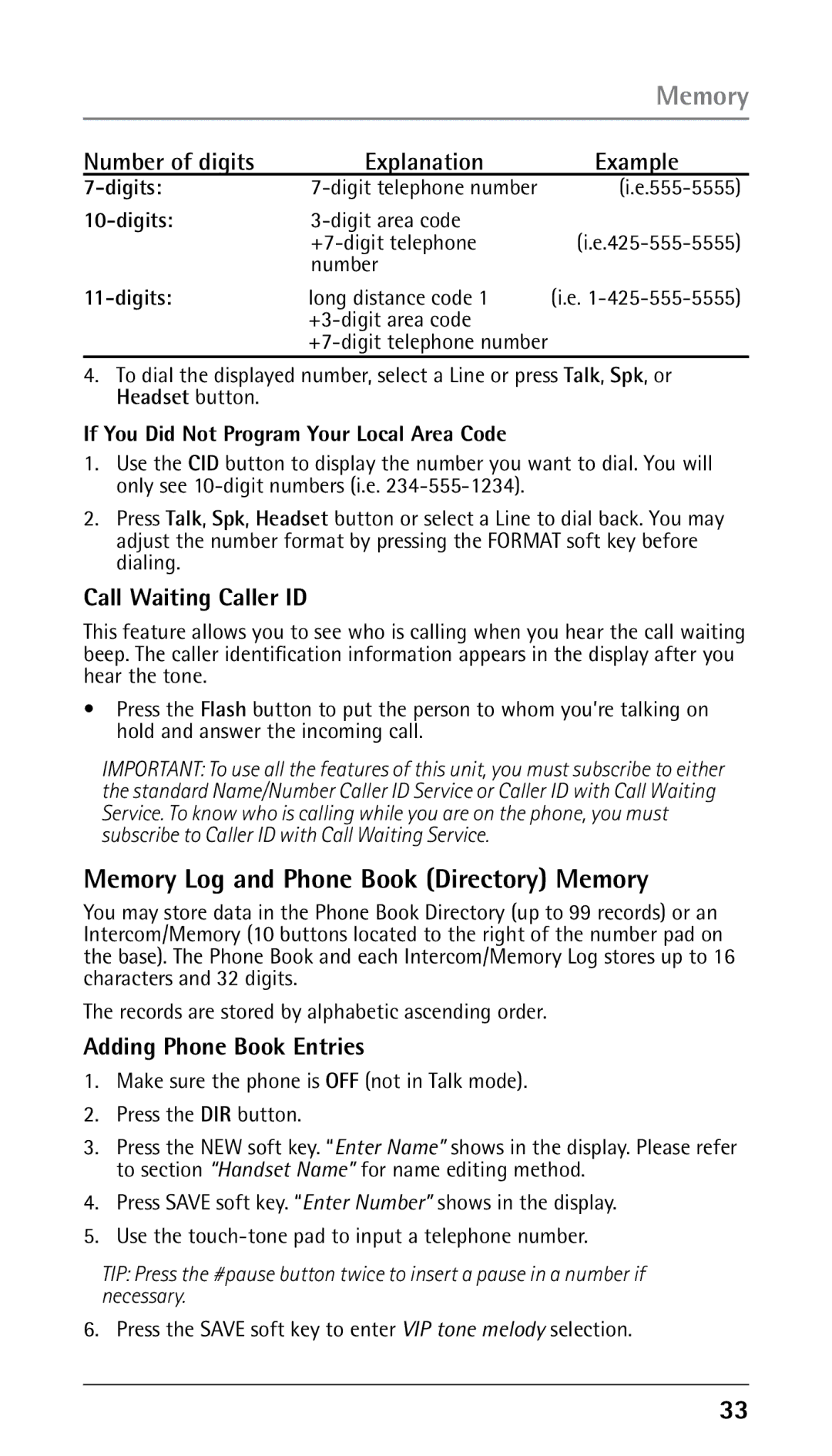 RCA 00023265 Memory Log and Phone Book Directory Memory, Number of digits Explanation Example, Call Waiting Caller ID 